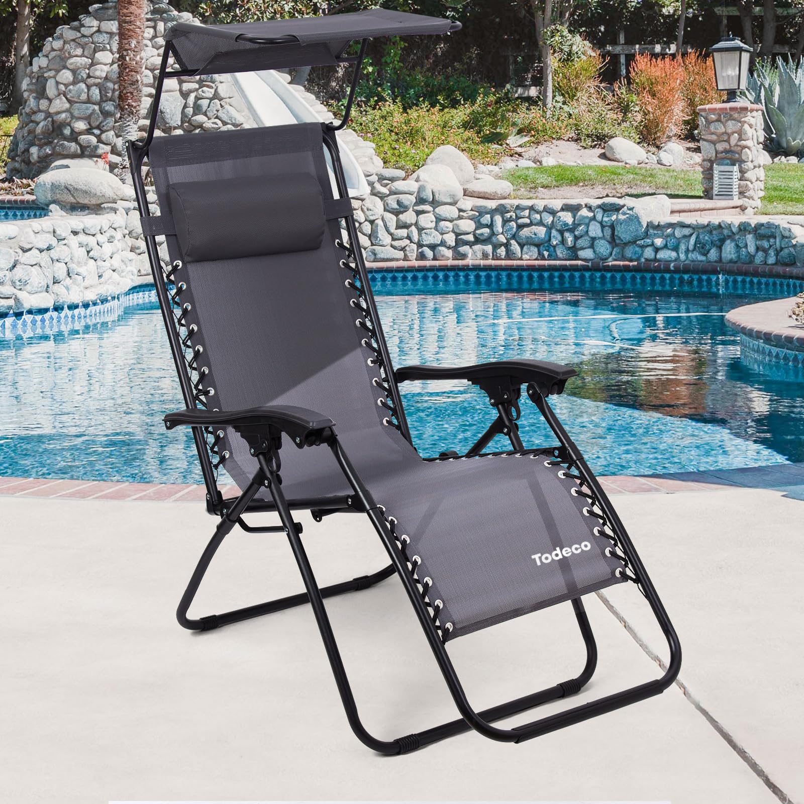 Todeco Tumbona Plegable Jardín con Toldo, Silla Gravedad Cero Reclinable con Respaldo Ajustable para Patio, Camping, Terraza y Piscina, Carga máxima 100kg, Gris