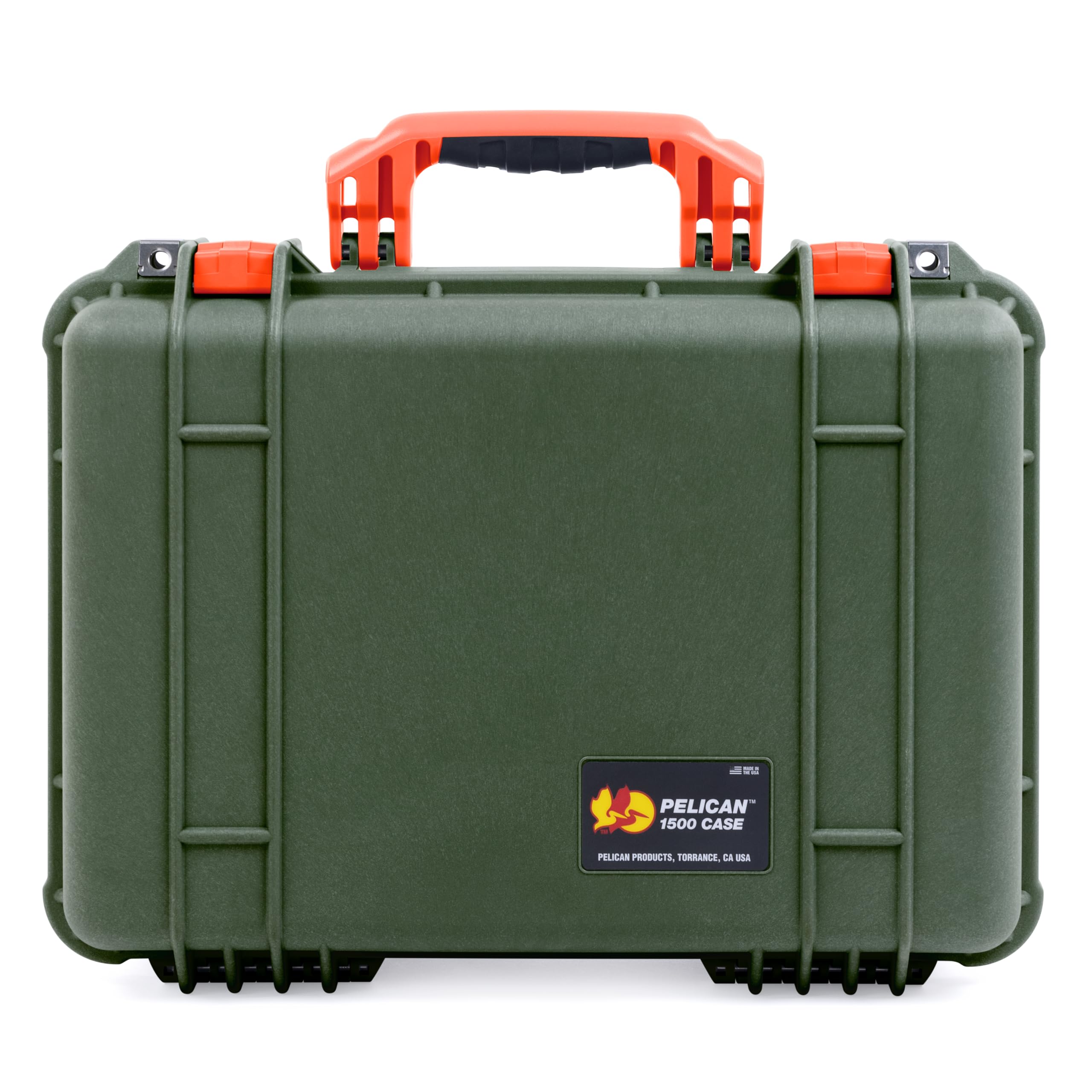 ColorCase Pelican 1500 Case OD Green - Medium Size Waterproof Case with TrekPak Divider & Computer Lid Organizer - Orange Handles & Latches