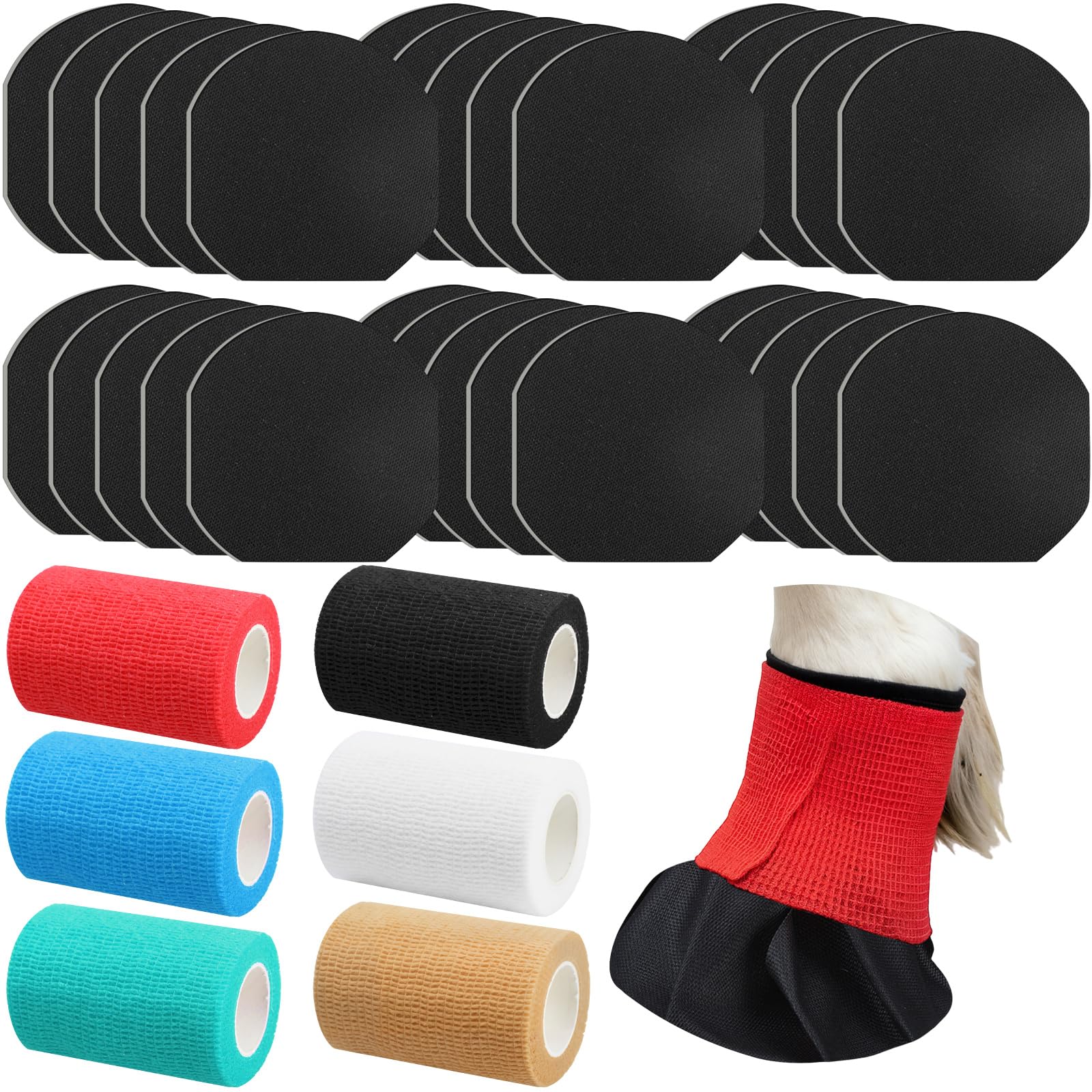 Aliceset 30 Pack Horse Hoof Tape with 6 Rolls of Vet Wrap, Breathable Cushion Hoof Packing Colorful Strong Sticky Foot Wrap for Horses Hoove Wound Care Laminitis Abscess Treatment(Colorful)