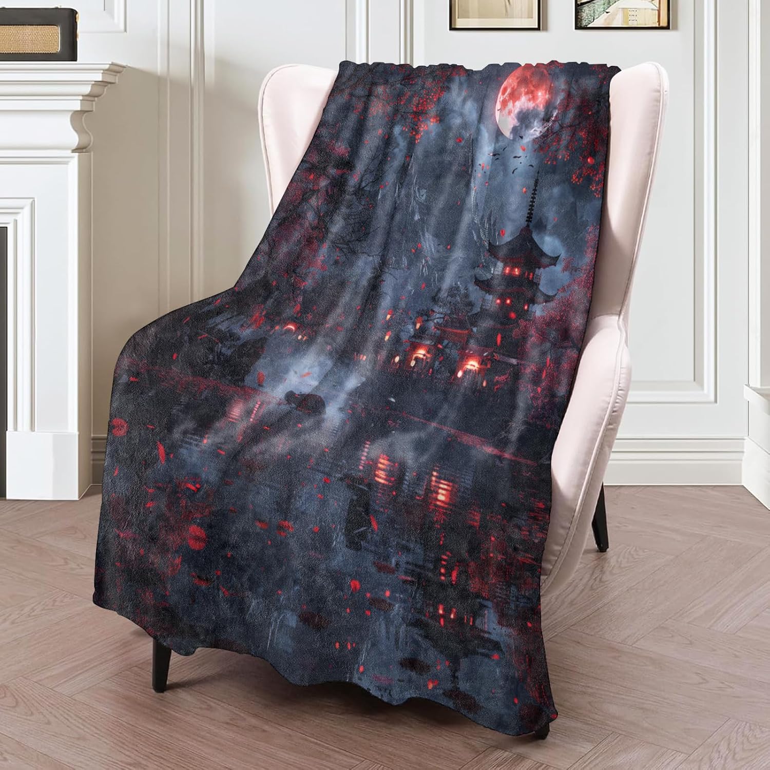 Red Moon Temple Flannel Blanket 60x80in, Mystical Japanese Pagoda Under Crimson Sky with Lanterns, Cherry Blossoms and Mountains, Soft Lightweight Throw for Fantasy Fans, Zen Decor Gifts