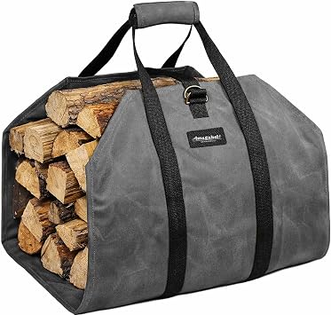 Amagabeli Firewood Carrier Waxed Canvas Log Tote Carrying Bag Heavy Duty Fire Large Wood Fireplace Carrier Bag with Handles for Camping Firewood Log Holder Wood Sling Cabin Stove Accessories Grey