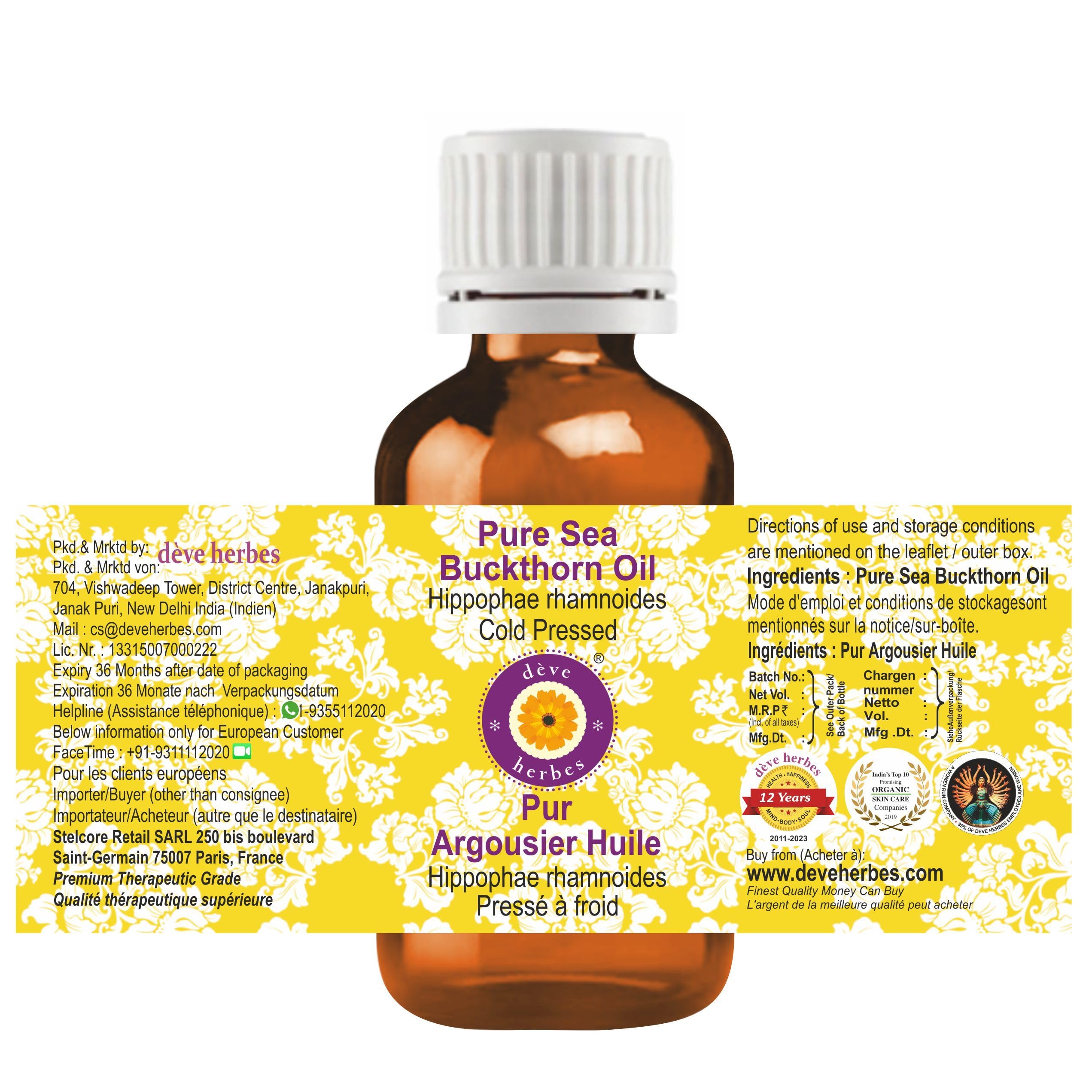 Deve Herbes Pure Sea Buckthorn Oil (Hippophae rhamnoides) Cold Pressed 100ml X 3 (10 oz)