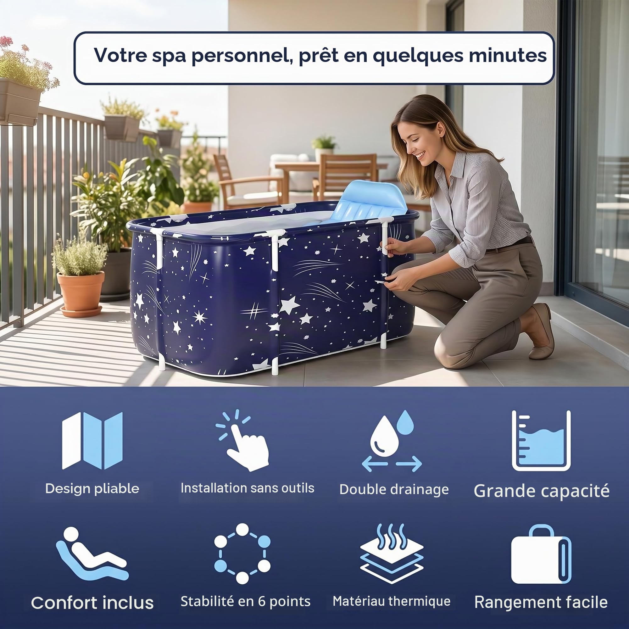 Baignoire Pliable Adulte, 120x55x50cm Portable Grande Baignoire de Trempage pour Bain Chaud, Bain Glacé, Spa, Seau de Bain Épais, pour Deux Personnes avec Dossier, Coussin et Pompe