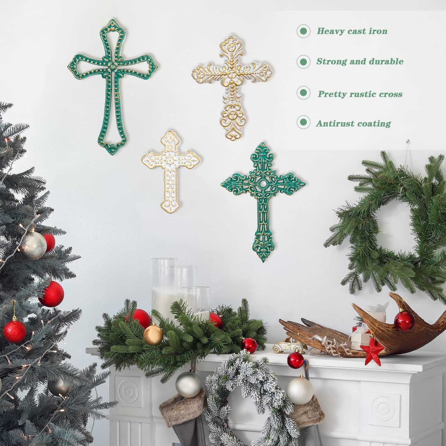 Sungmor 4PC Heavy & Sturdy Embossed Cast Iron Cross Decor for Wall, Beautiful Vintage Decorative Hanging Crosses Wall Decor, Distressed White & Green Religious Wall Sculptures Metal Wall Arts Crosses