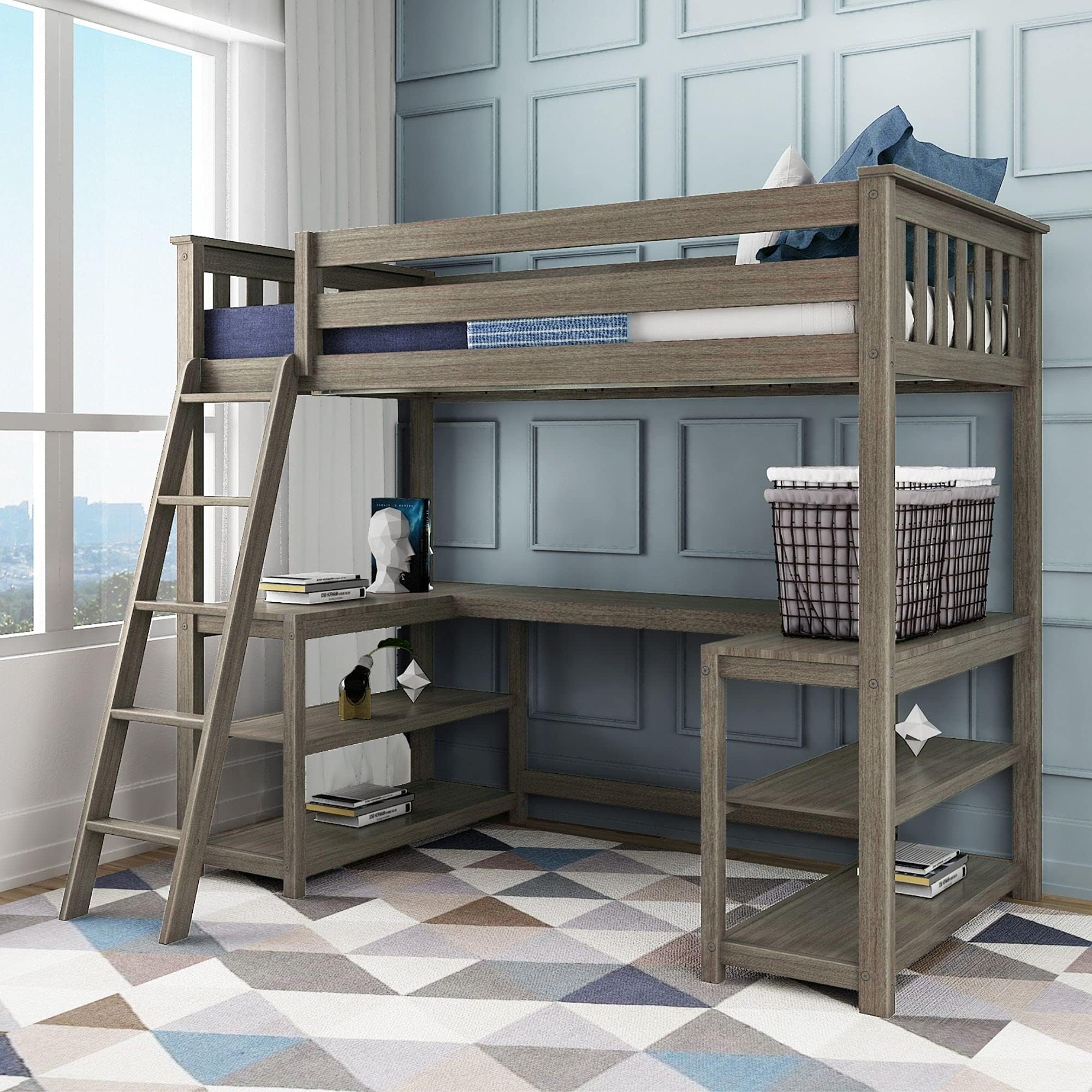 Max & Lily High Loft Bed, Twin Bed Frame For Kids With Wraparound Desk and Shelves, Clay