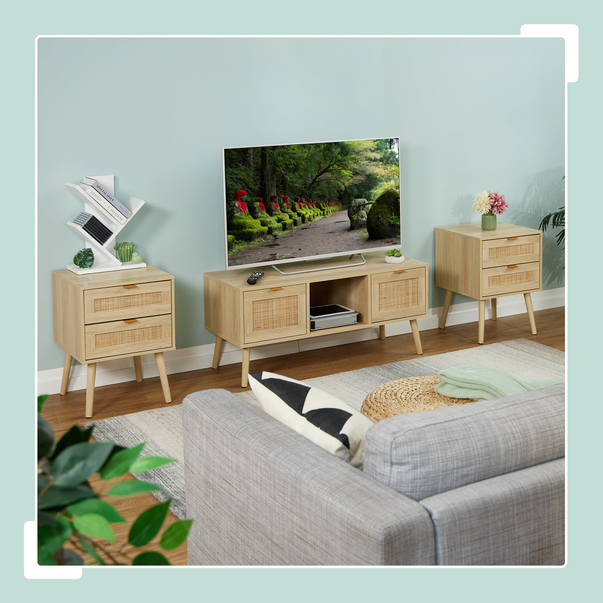 Relaxdays Mesita de Noche, Cajones, Set de 2, Estilo Ratán, Mesilla Dormitorio Efecto Madera, 55 x 40 x 41,5 cm, Natural | Mesita de noche, 2 cajones, 55 x 40 x 41,5 cm, dormitorio