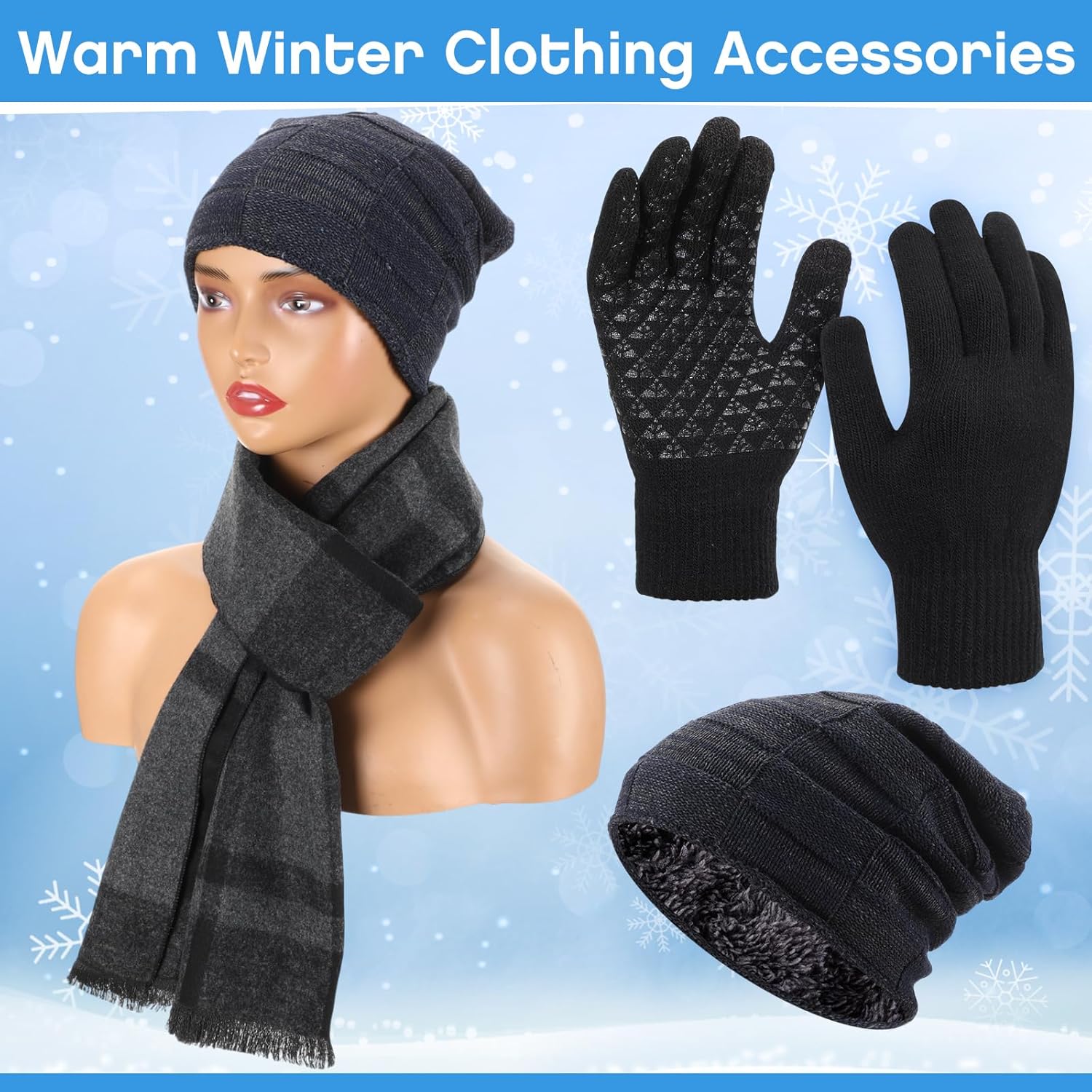 4 Pcs Winter Hats Scarf Gloves Earmuff Set for Men Fleece Lined Knit Beanies Warm Scarf Touch Screen Gloves Earmuff(Black) - Image 4