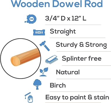 Dowel Rods Wood Sticks Wooden Dowel Rods 3/4 x 12 Inch Unfinished Hardwood Sticks for Crafts and DIY ers 10 Pieces by Woodpeckers