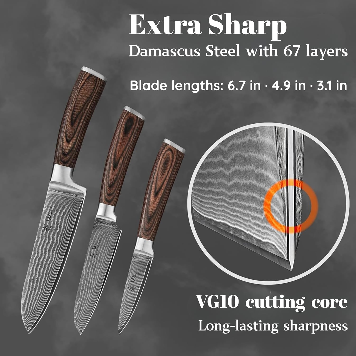 Wakoli EDIB 3-Piece Damascus Kitchen Knife Set in Wooden Gift Box, Razor Sharp Genuine Damascus Steel (VG10 Core), Includes Santoku, Small Santoku and Paring Knife, Ergonomic Pakkawood Handle - Image 3