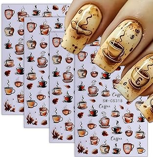 4 Sheets Coffee Cup Nail Art Stickers Decals 3D Self-Adhesive Coffee Nail Stickers DIY Holiday Manicure Supplies for Women