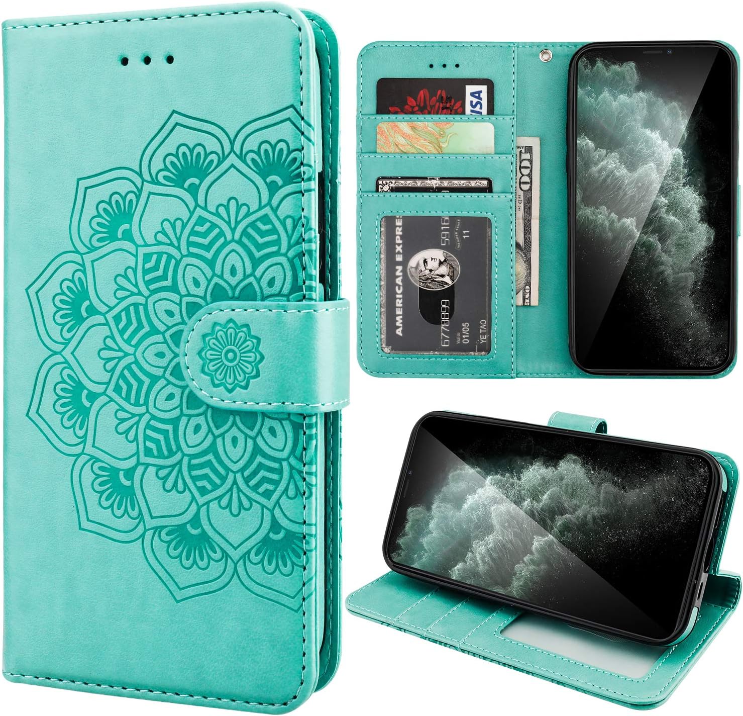 KIHUWEY Compatible with iPhone 12 Compatible with iPhone 12 Pro Wallet Case PU Leather Mandala Flower Embossed with Card Holder Wrist Strap Kickstand Protective Lanyard Purse Cover 6.1 Inch Mint Green