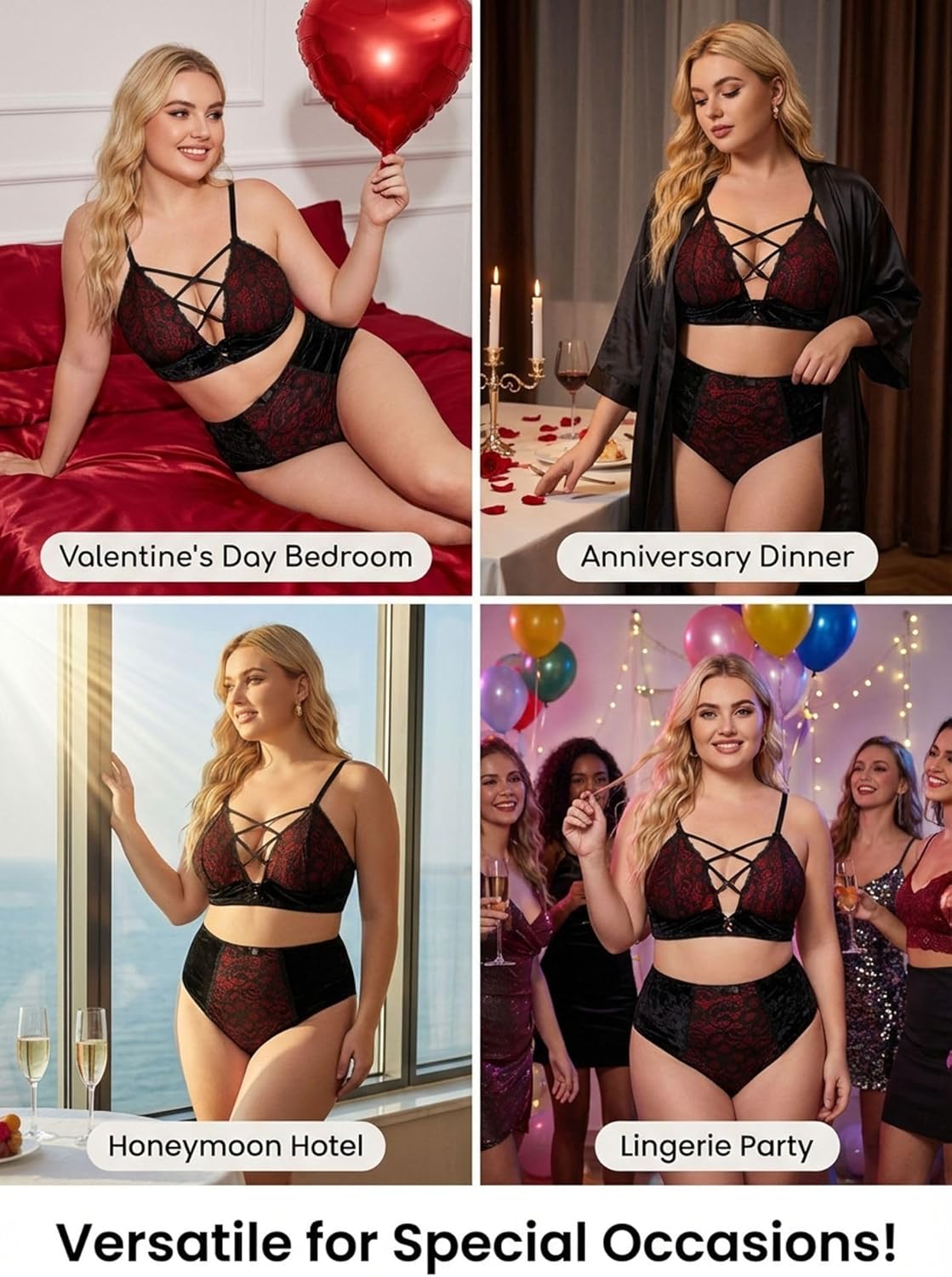 Women Valentines Lingerie Set - Sexy Plus Size Crushed Velvet Mesh Lace Up Exotic Halter Bralette High Waist Panty - Image 6
