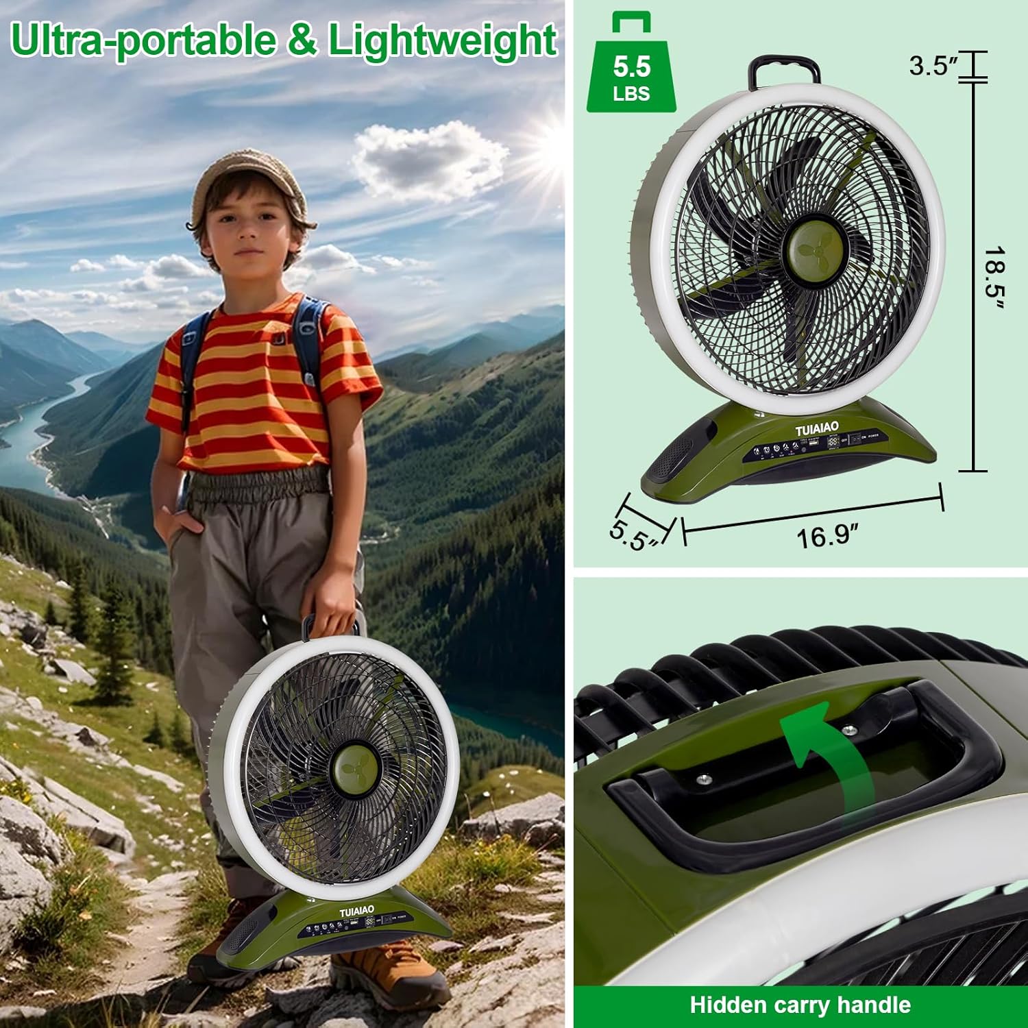 45000mAh Battery Operated Camping Fan, 12-Inch Portable Rechargeable Outdoor Fan with 5 Speed Display, 1040CFM High Velocity Airflow, Cordless Floor Fan with Timer for Garage, BBQ, Patio