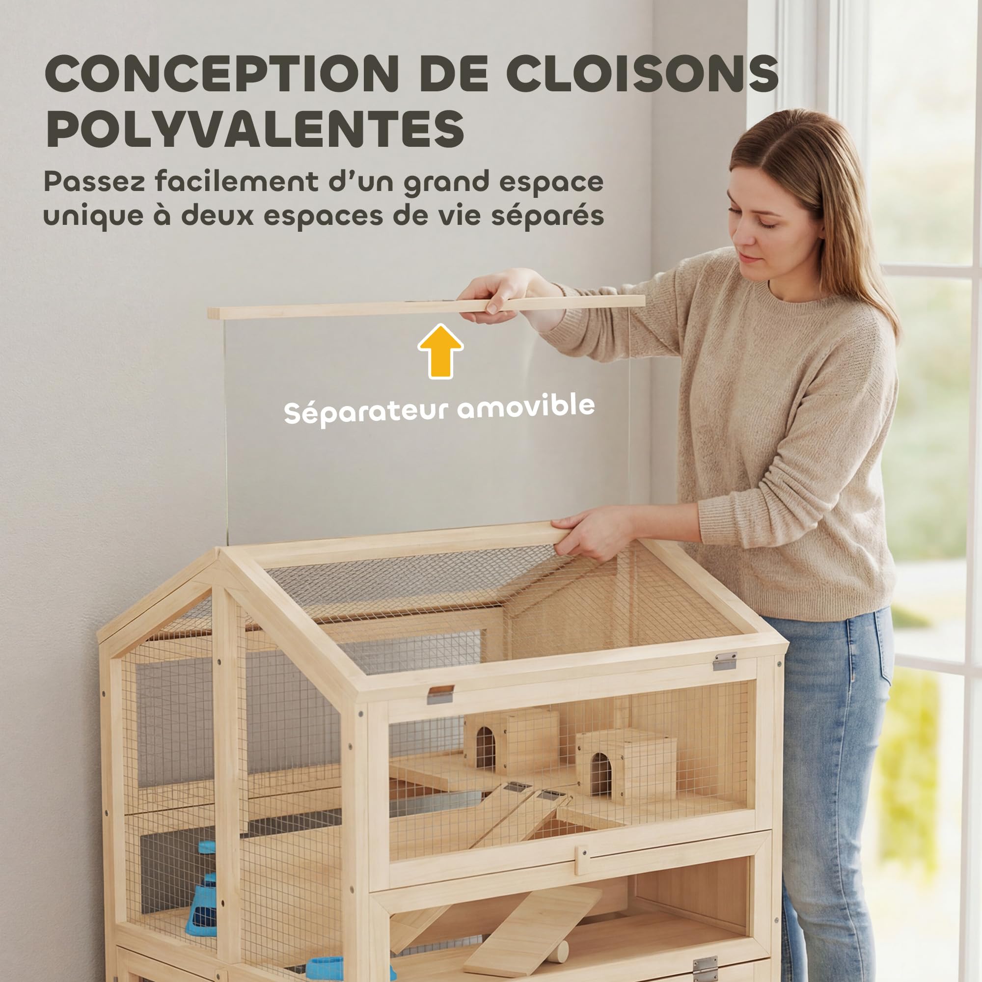 Pawhut Criceto a 3 piani in legno, vassoio rimovibile, 68 x 61,5 x 90 cm, naturale | Habitat per roditori, dondolo, bottiglia d'acqua, finestra, capanna, coperchio apribile, per piccoli animali