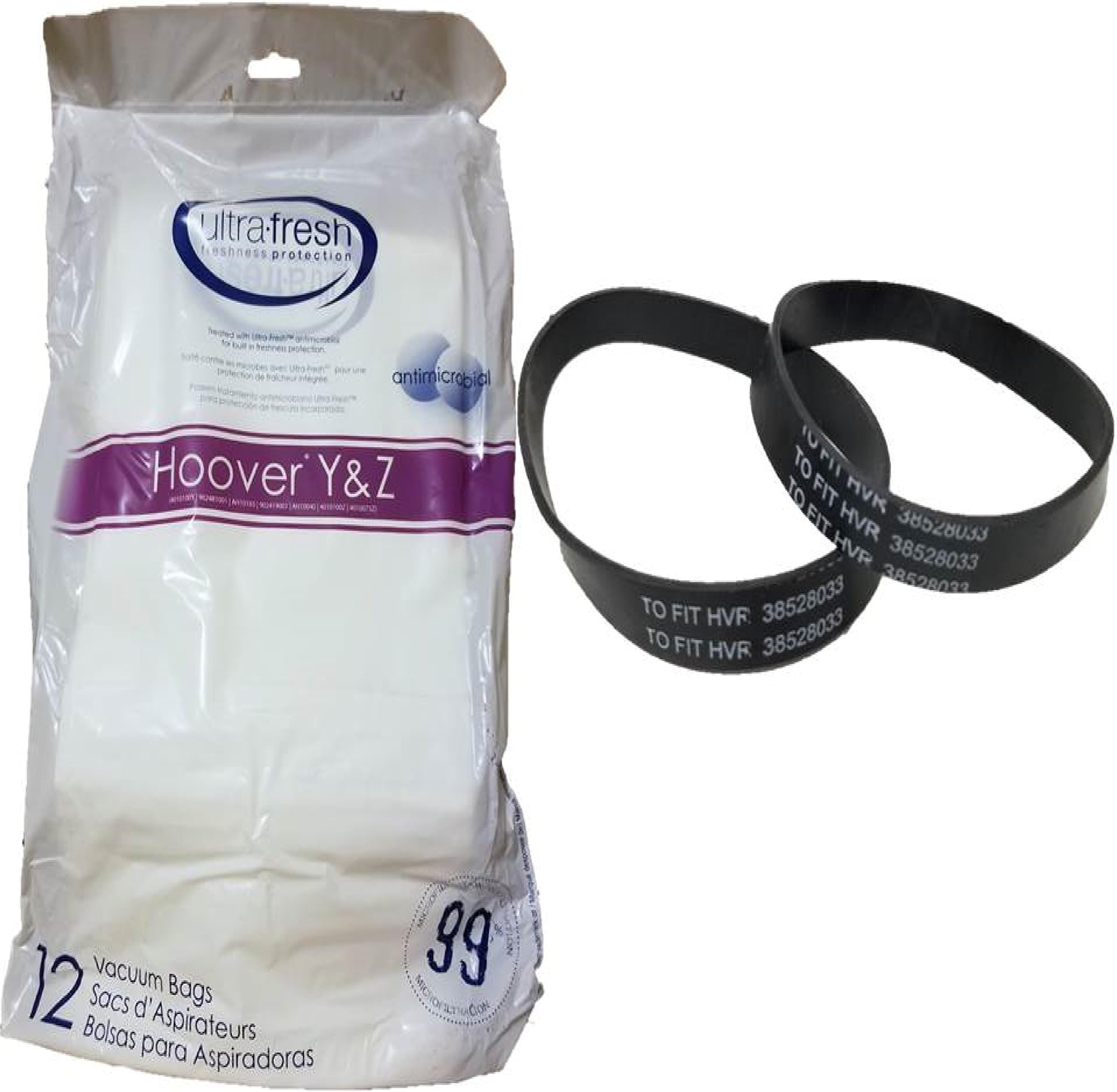 Ultra Fresh 12 Hoover Y Micro Filtration Bags + 2 belts (Style 160) Part# 38528-033 belts, Also fits Hoover Z Bags; for Models 4010100Y, 902481001, AH10165, 902419001, AH10040, 4010100Z and 4010075Z