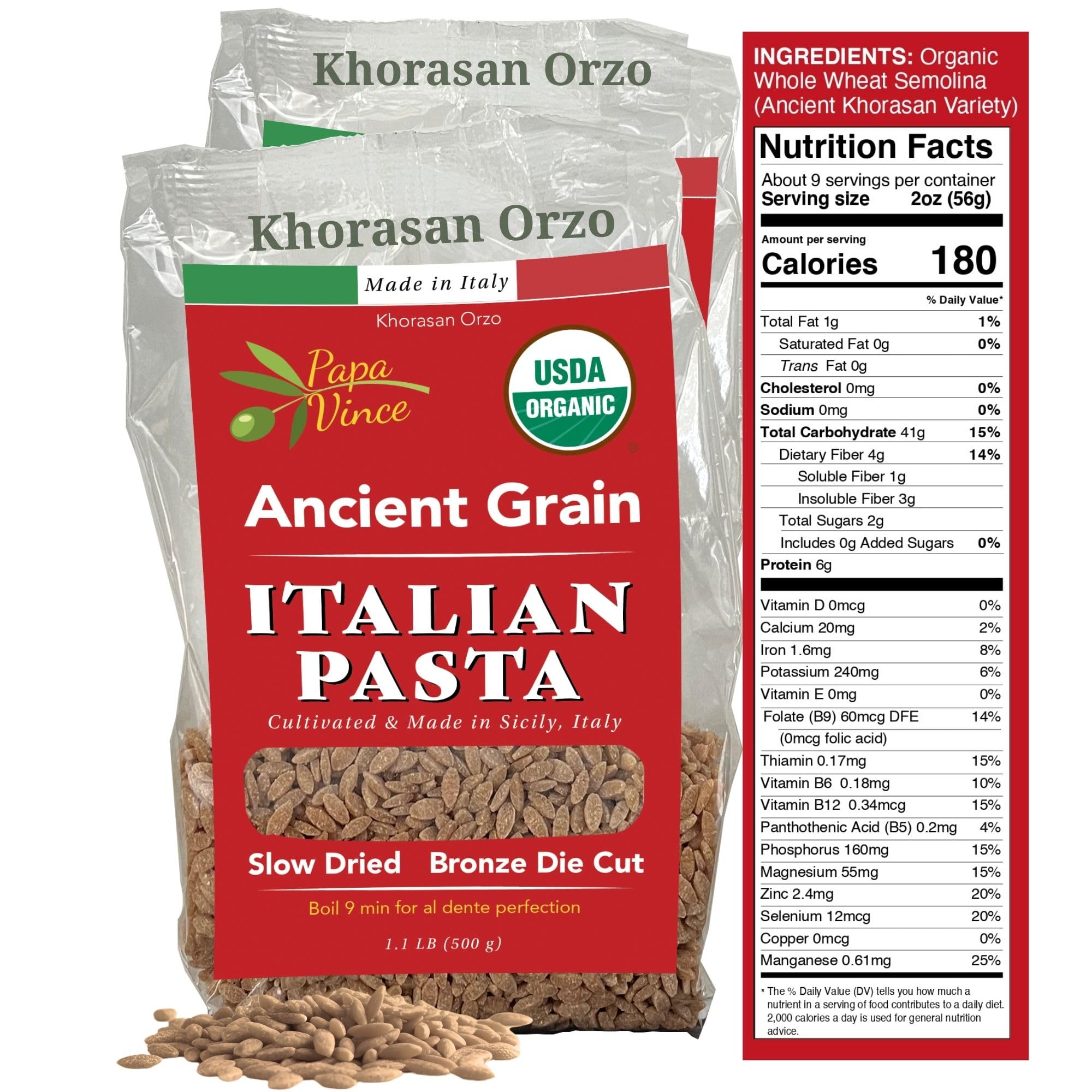Papa Vince Organic Whole Wheat Non Enriched Orzo Pastina: Low Gluten Italian Pasta made in Italy from Organic Non GMO Khorasan Ancient Grain grown in