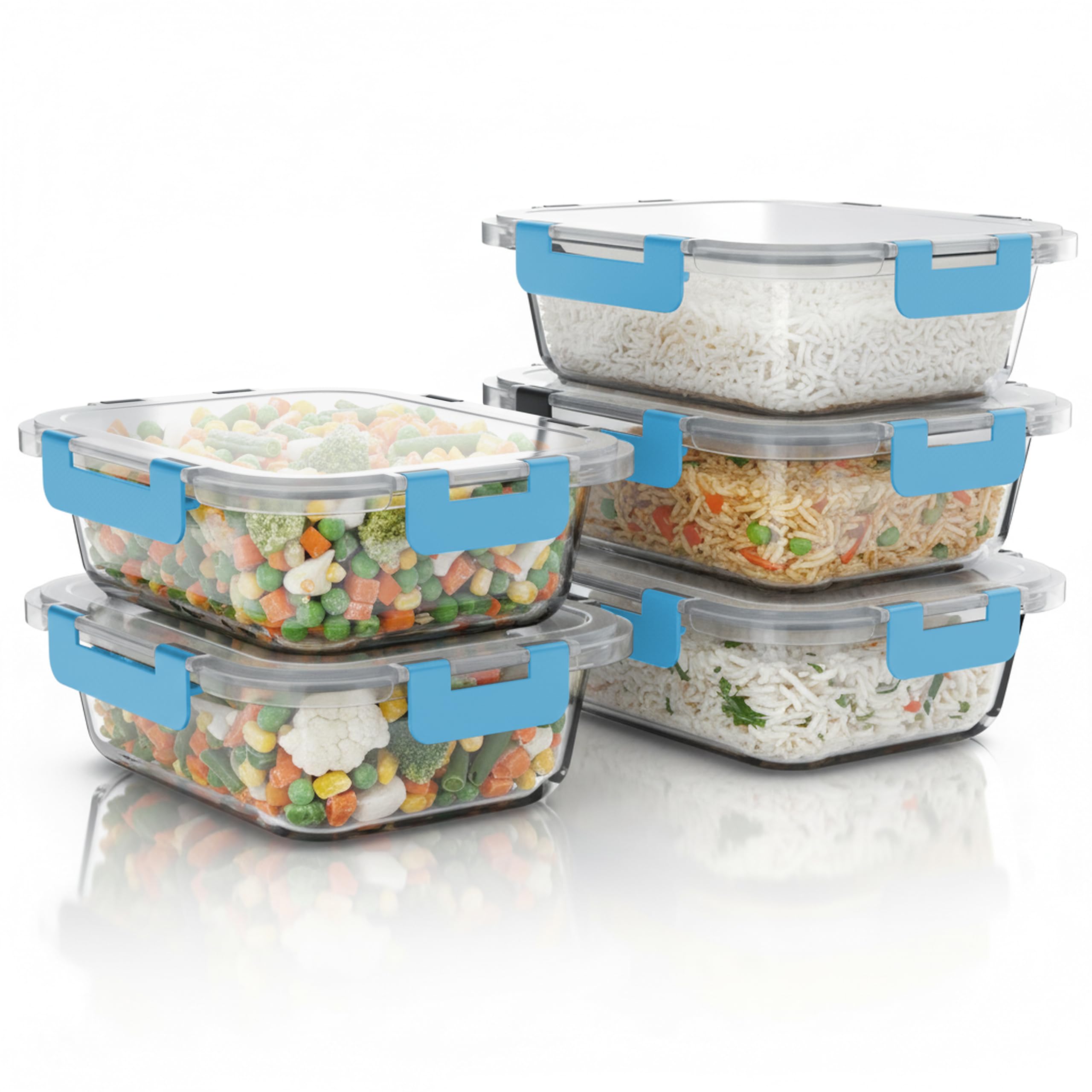 Arendo - Lunchboxen Glas - Frischhaltedosen für Lebensmittel mit Deckel luftdicht - 5er Set - 1000 ml - für Mikrowelle Ofen Gefrierschrank - Spülmaschinen geeignet - Vorratsdosen Meal Prep Boxen Set