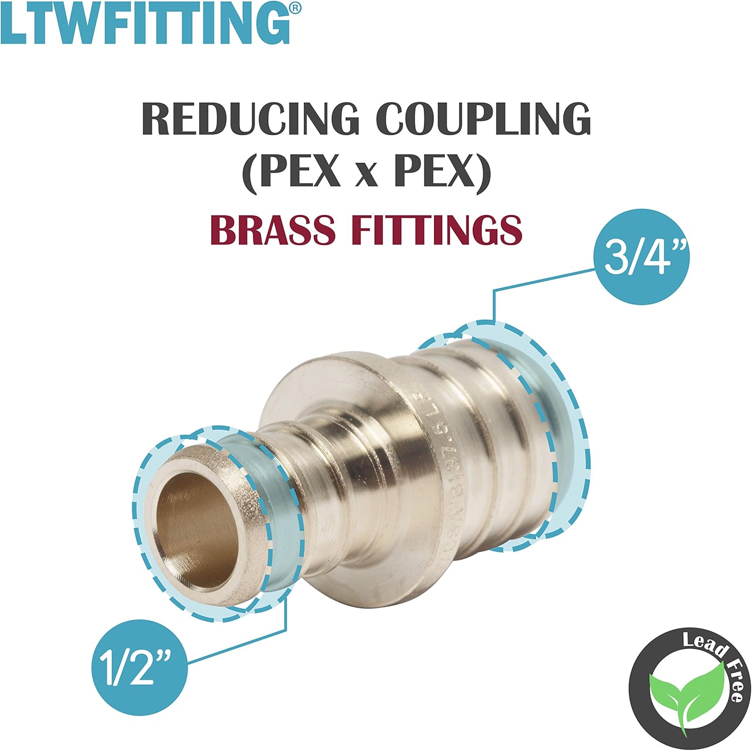 LTWFITTING No Lead Brass PEX Crimp Fitting 1/2-Inch x 3/4-Inch PEX Reducing Coupling (Pack of 5)