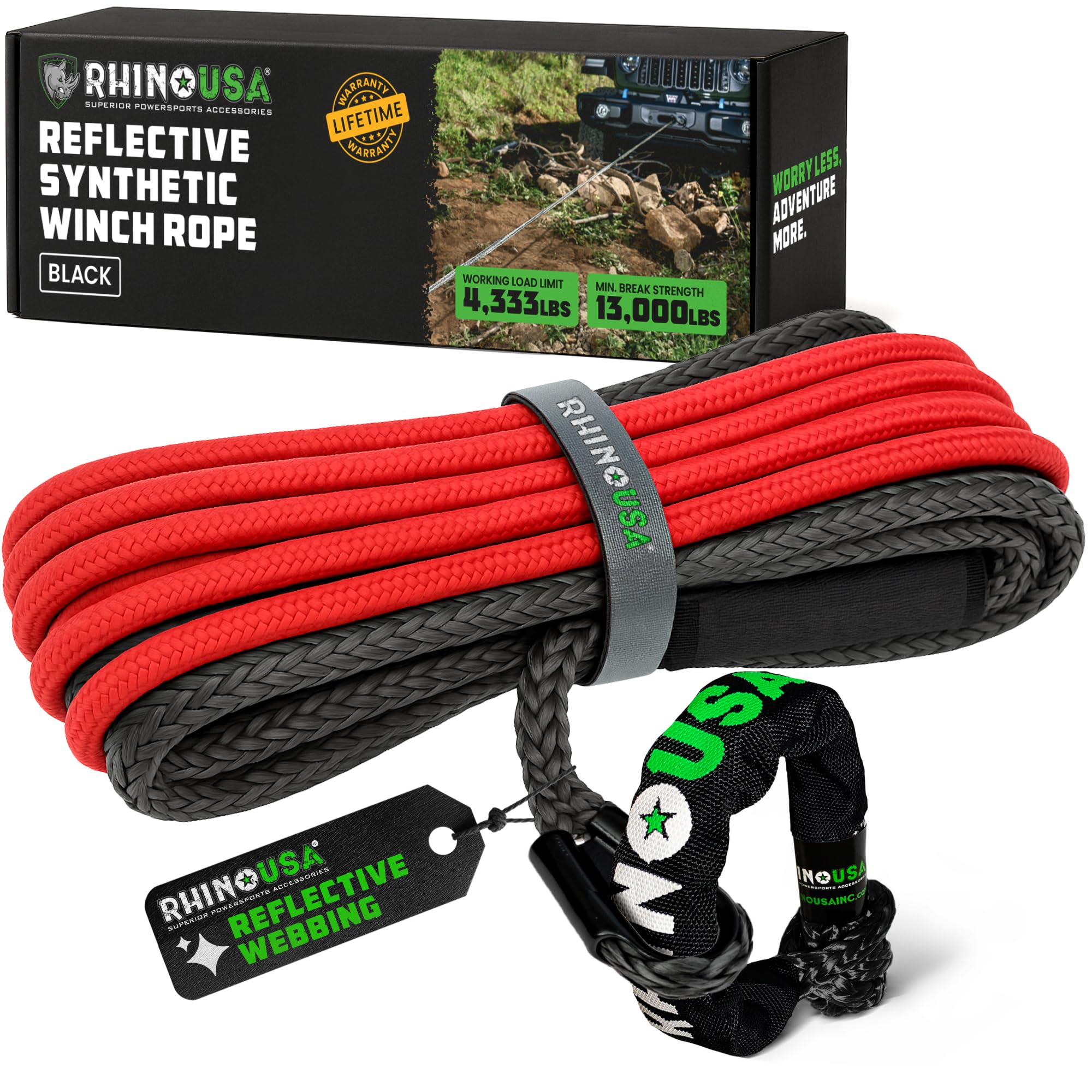Rhino USA Synthetic Winch Line (3/8" x 94') with Soft Shackle- for use with Jeep Wrangler, Gladiator, 4Runner, 1/2 Ton Pickup - Ultimate SUV and Truck Accesories