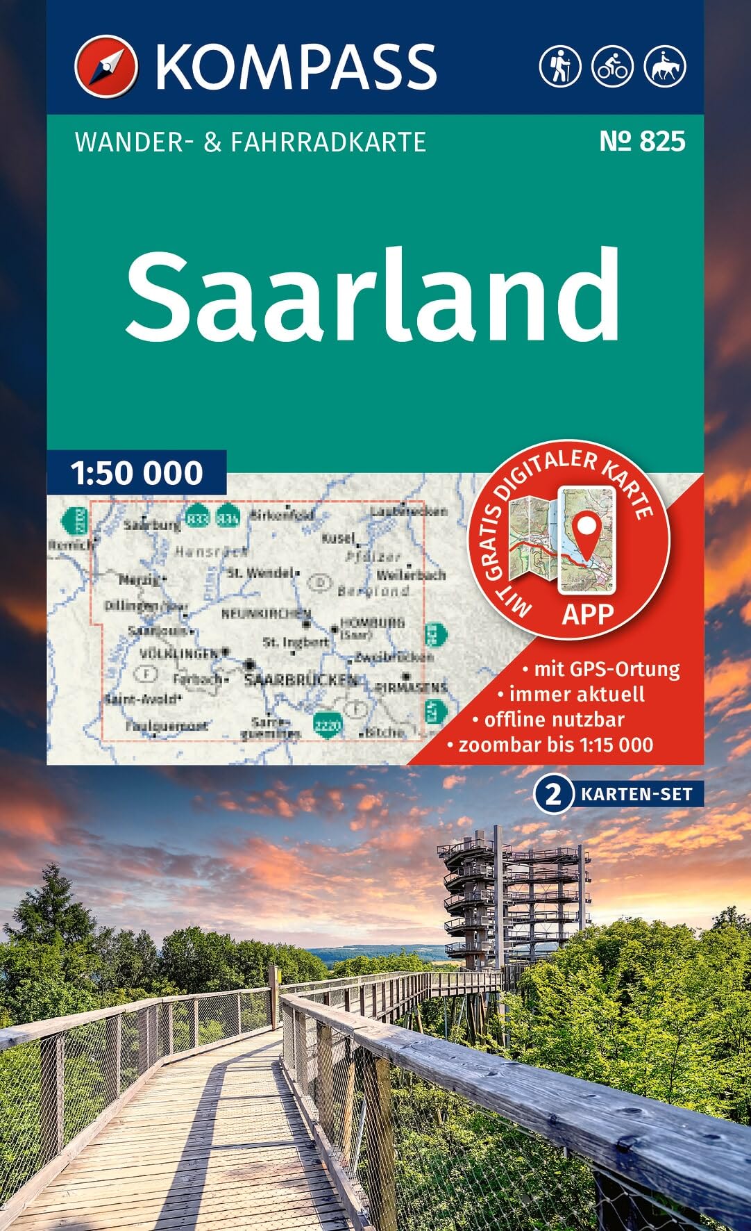 KOMPASS Wanderkarten-Set 825 Saarland (2 Karten) 1:50.000: inklusive Karte zur offline Verwendung in der KOMPASS-App. Fahrradfahren. Reiten.