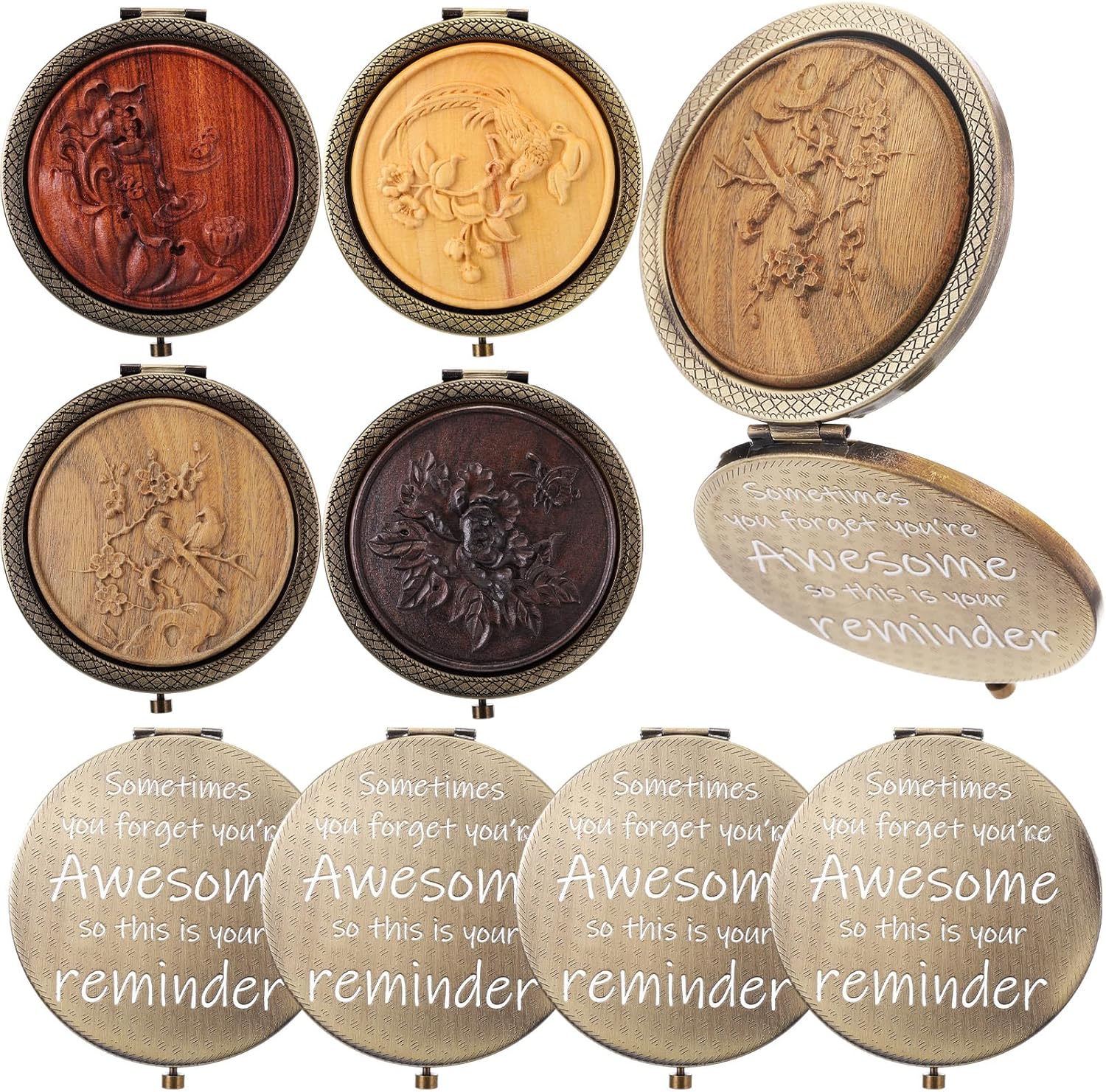 Sliner 8 Pcs Inspirational Compact Folding Mirror Bulk, Classic Wooden Carved You're Awesome Reminder Mirrors, Small Portable Makeup Mirror for Pocket Purse Gift for Women Employee Coworker Friends