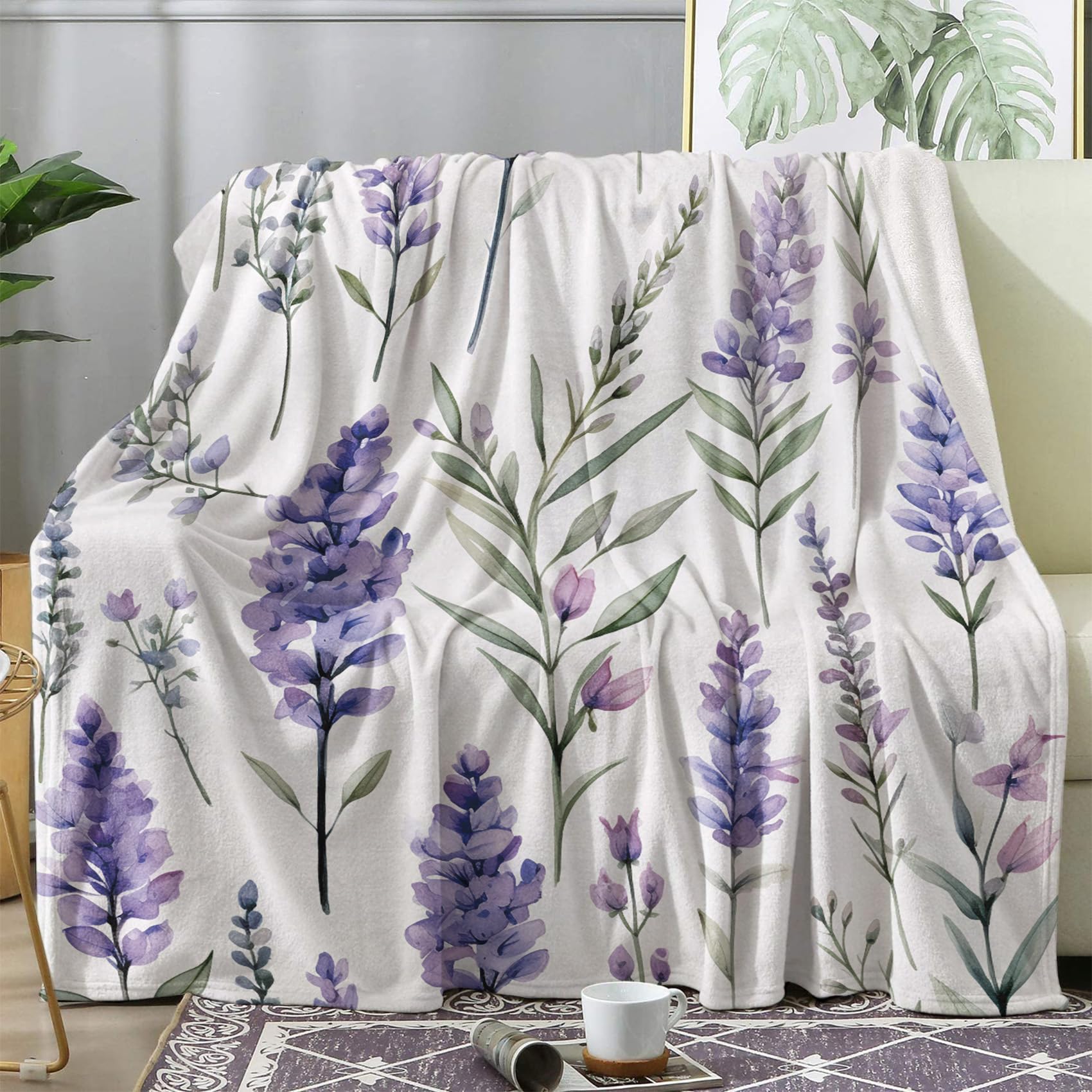 ZDABAOEC Purple Lavender Floral Throw Blanket, Fleece Blanket for Bed Sofa Couch, Super Soft Fluffy Flannel Blankets and Throws, Double Size 150x200 cm