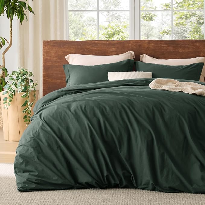 Bedsure 100% Washed Cotton Duvet Cover King Size - Forest Green Minimalist Cotton Duvet Cover Linen Like for All Seasons - GentleSoft™ Plain Simple Bedding, 3 Pieces (Forest Green, King, 104"x90")