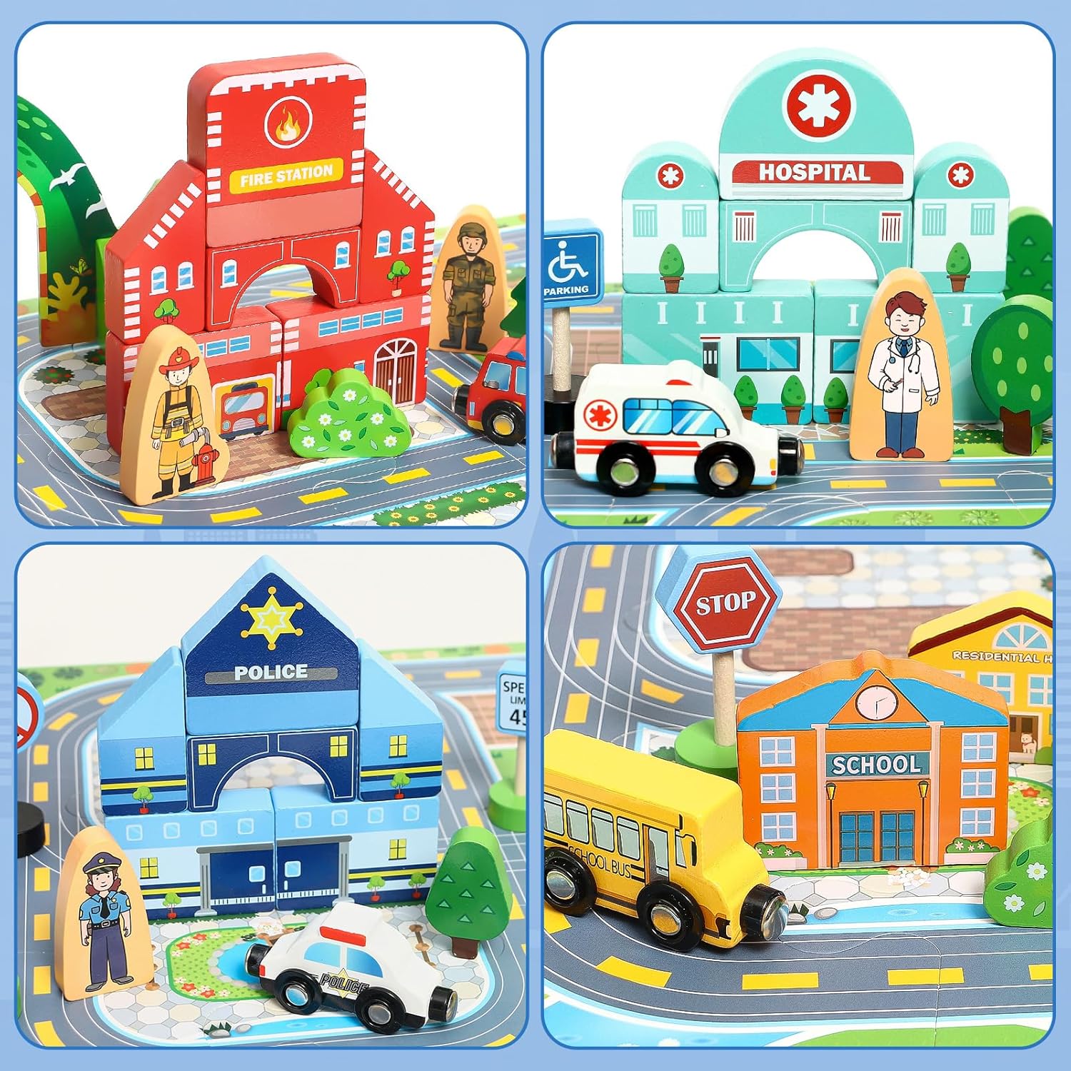 Toyssa 40+Pcs Wooden Community Helpers Preschool Toys for Kids 3 4 5 6, Little People Figures Blocks with Cars & Town Map, Toddlers Learning Pretend Play Toys Boys Girls Christmas Birthday Gifts