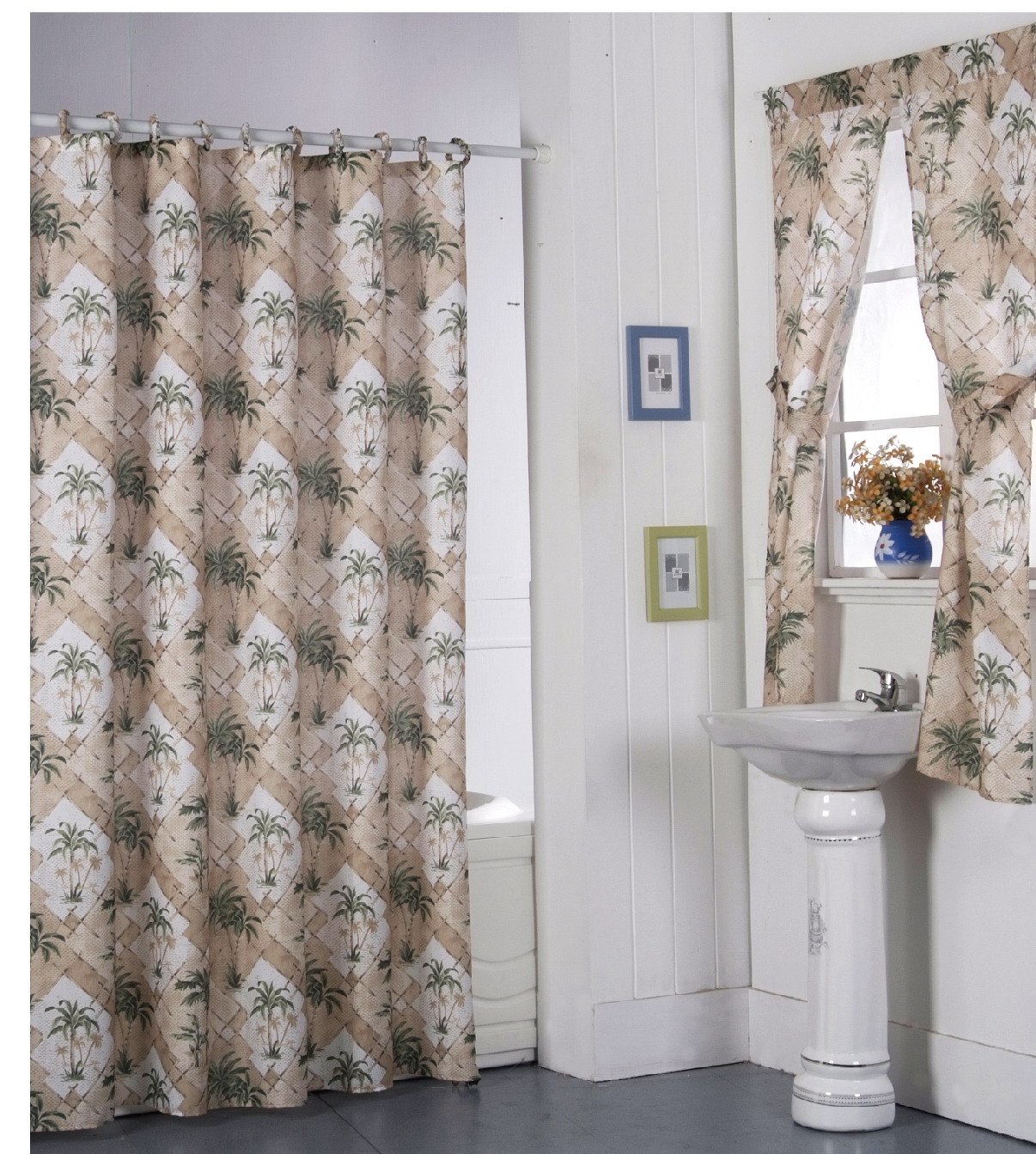 Palm Tree Shower Curtain Matching Rings and Window Curtain Set PW190plm