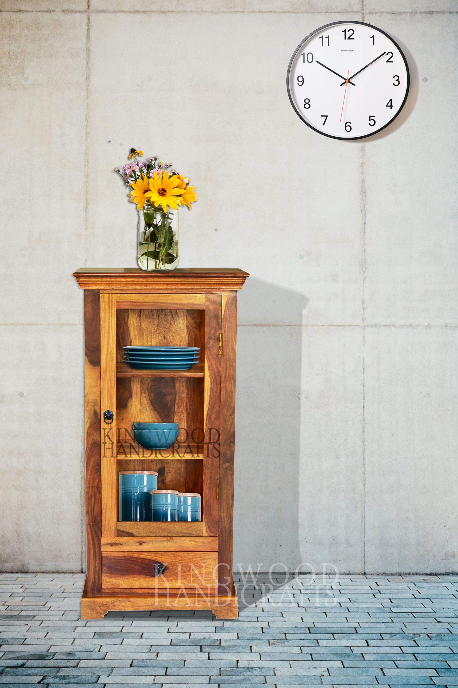KINGWOOD FURNITURE Kitchen Crockery Cabinet with Single Drawer in Solid Sheesham Wood (Standard, Honey Finish)-image-7
