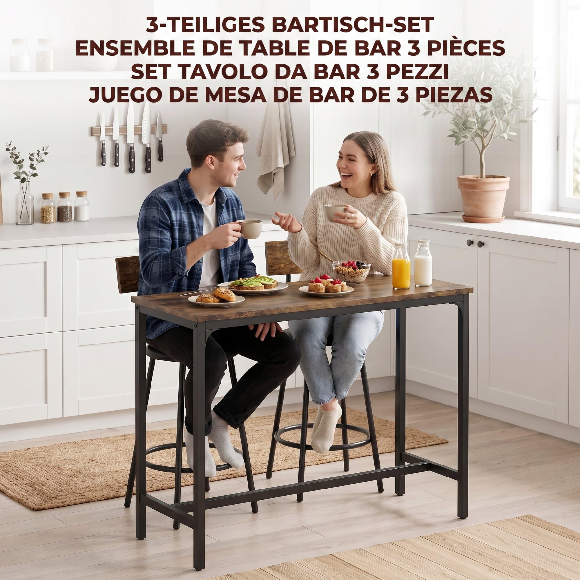 HOMCOM Ensemble Table de Bar avec 2 Tabourets Repose-Pieds PU Marron