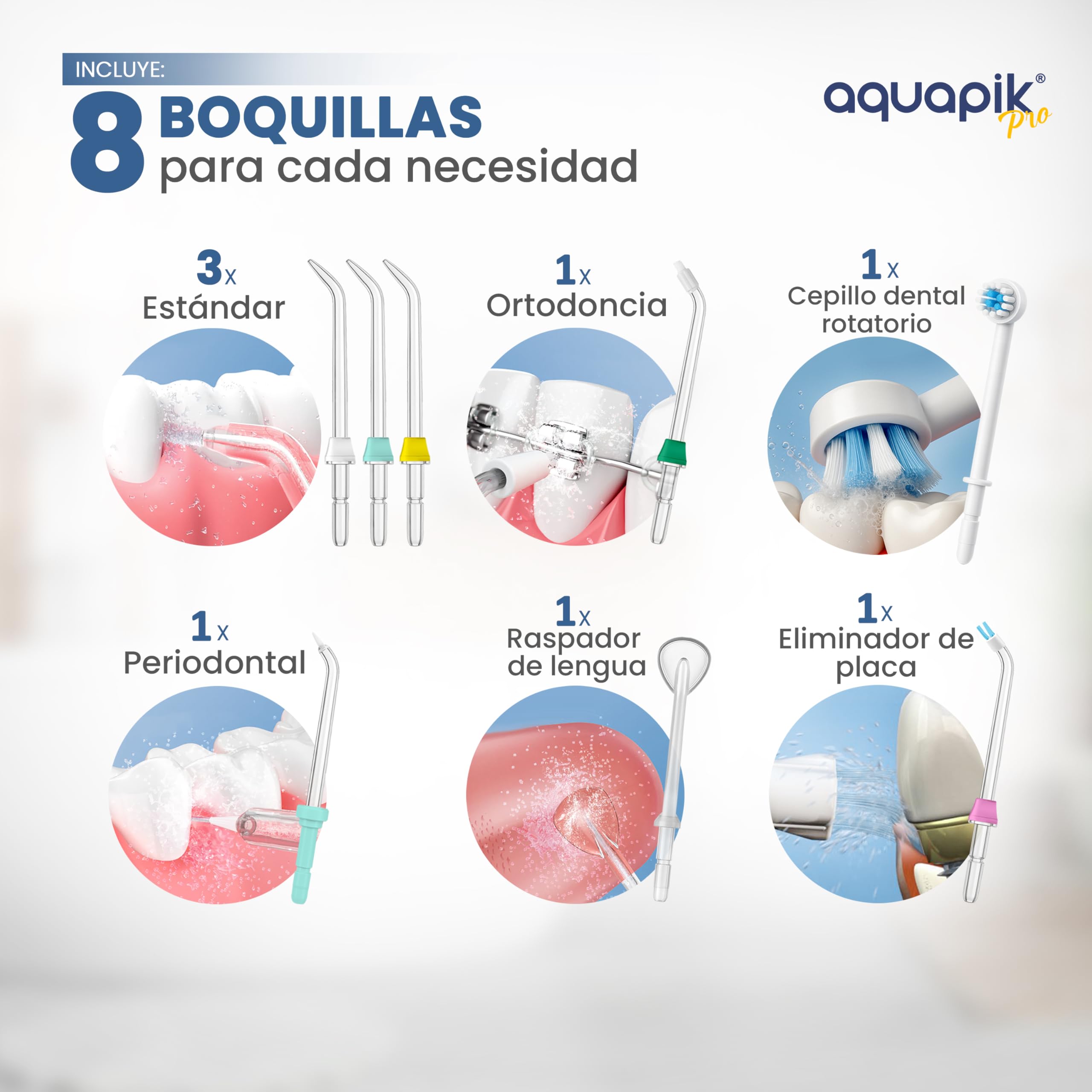 Aquapik PRO Irrigador dental Irrigador Bucal sobremesa 10 niveles de presión 600 mL 8 boquillas water flosser IPX7 Impermeable Limpieza Dental Elimina la placa Protege las encías y cuida tu ortodoncia