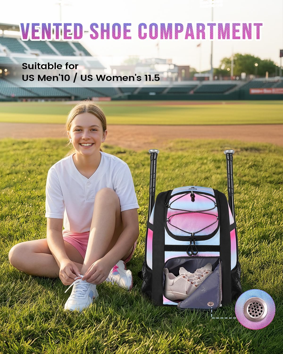 MATEIN Softball Bag, Lightweight Baseball Backpack with Shoe Compartment, Baseball Bag with Fence Hook for TBall Bat & Equipment, Softball Gifts Catchers Backpack for Women Fit Catcher’s Mitt, Helmet