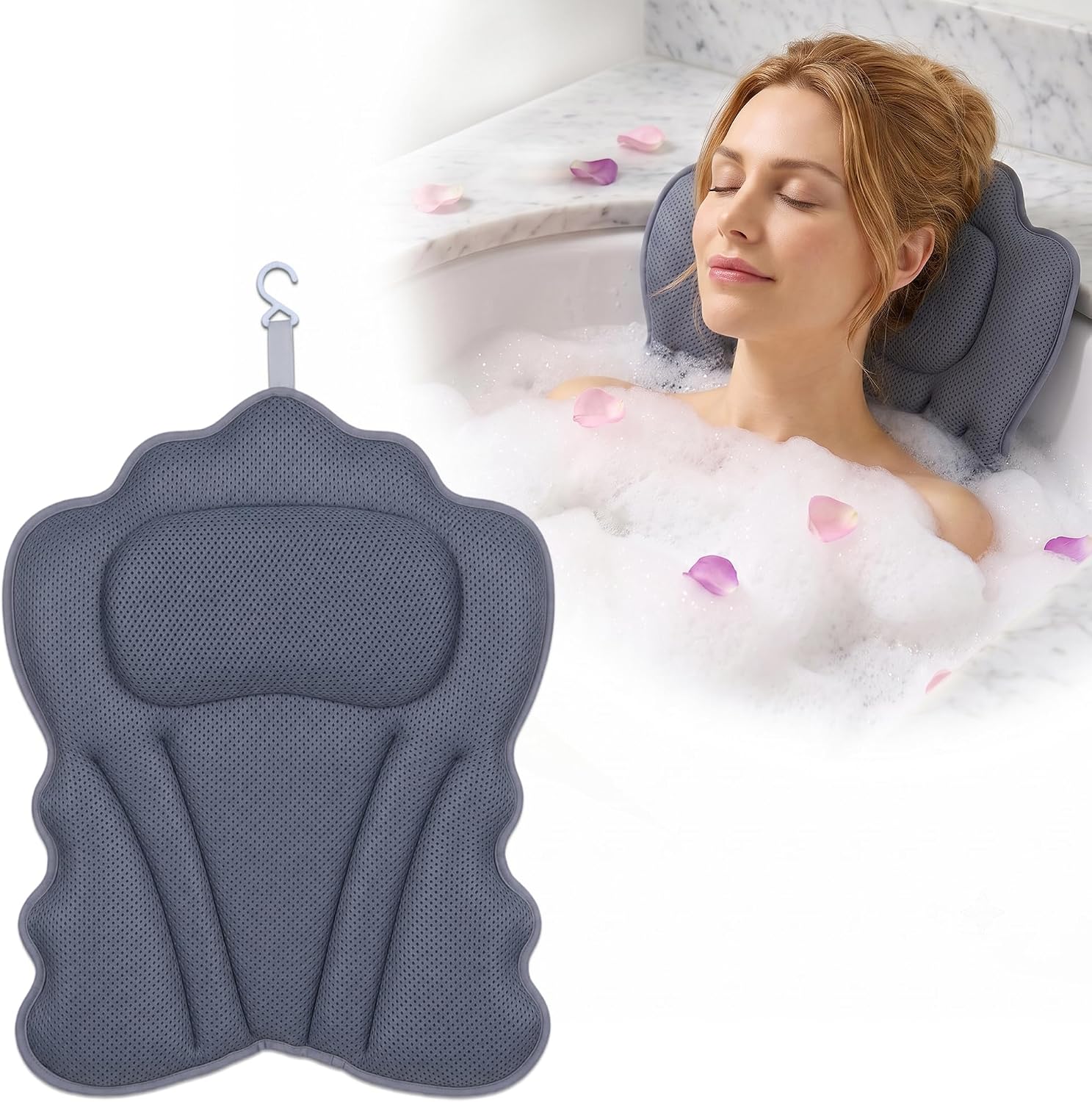 Bath Pillows for Tub Ergonomic, Soft Breathable 5D Mesh Headrest and Back Cushion with 72 Suction Cups, Machine Washable Bathtub Spa Pillow with Wash Bag, Drying Hook and Shower Cap White