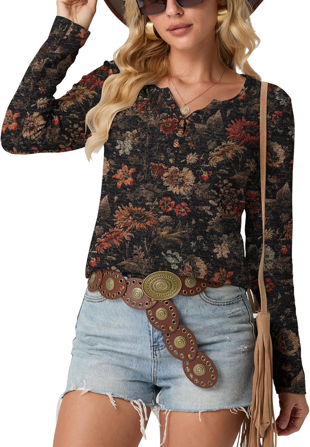 IWOLLENCE Womens Long Sleeve Aztec Western T Shirts Vintage Geometry Graphic Henley Tops Casual Button Down Blouse - Image 5