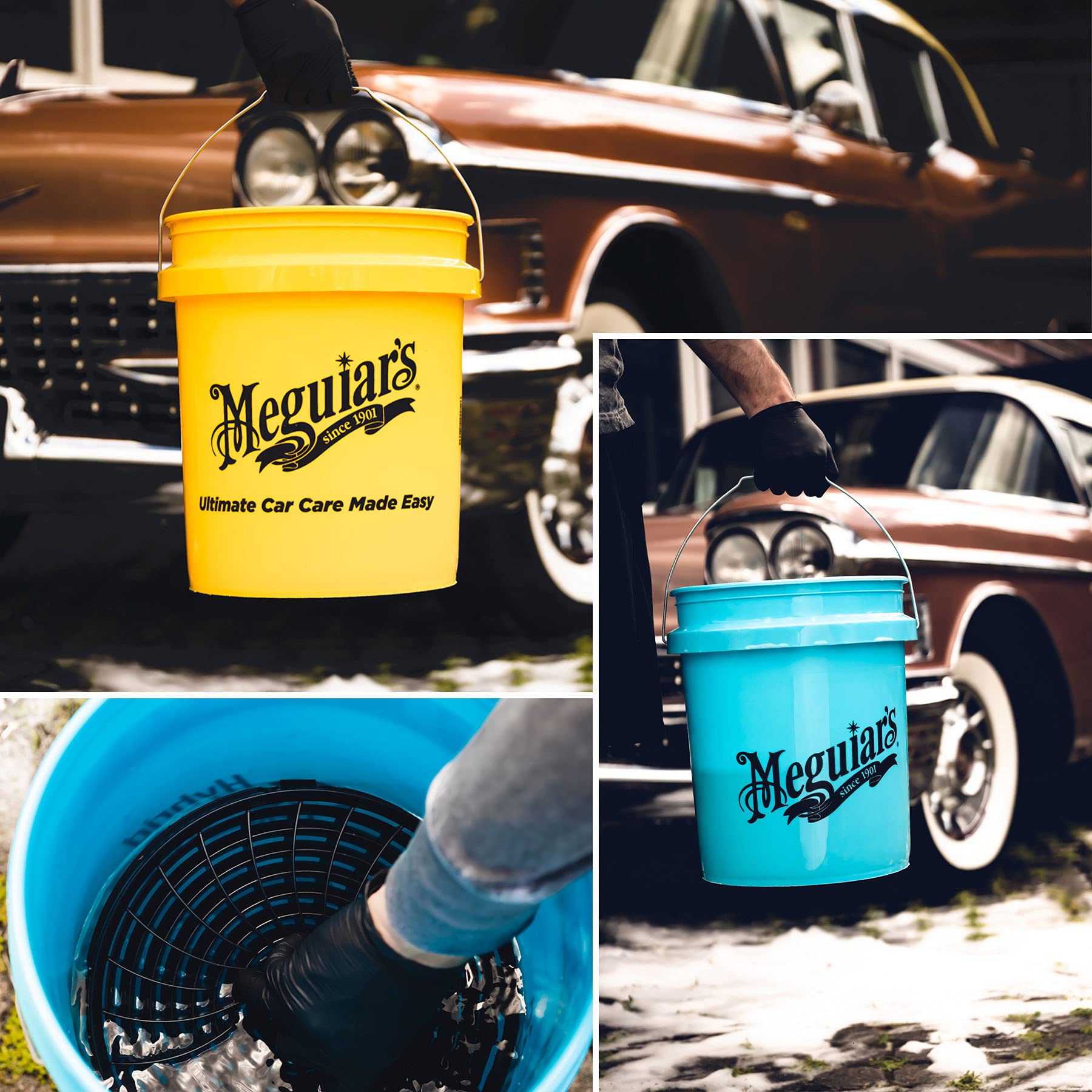 detailmate Auto Wasch Set Waschhandschuh + Microfiber Monkey Trockentuch + Meguiars: Wash & Wax Autoshampoo + Hot Rims Wheel Cleaner + Felgenbürste + 2X Wasch Eimer + Schmutzsieb + Zubehör