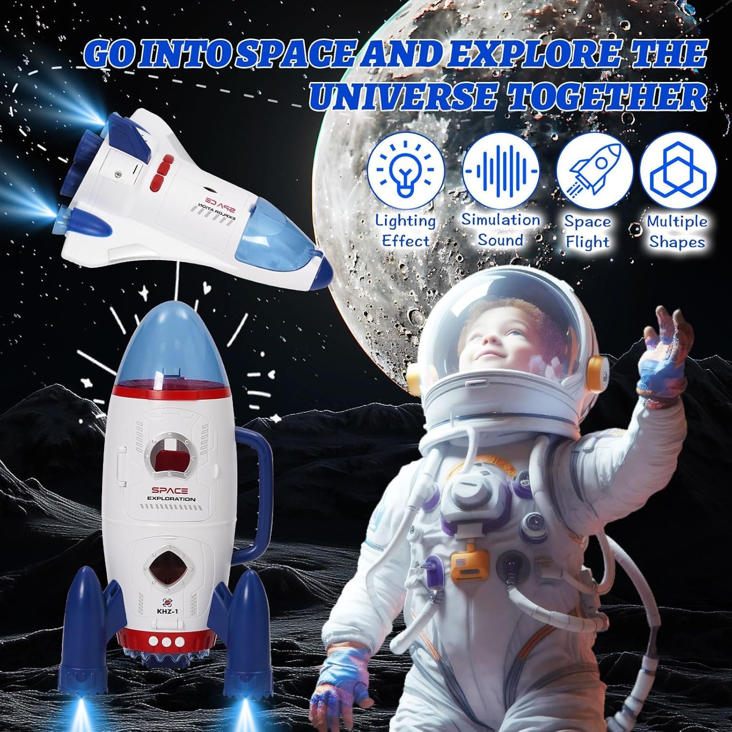 Jomifin Space Shuttle Rocket Toy for Kids, Spaceship Toy with Light and Sound Effects, Space Toy Spaceship, Space Rove and Astronauts, Gift for Kids
