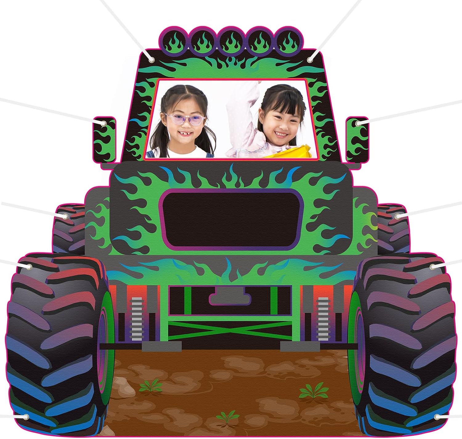 Leinuosen Monster Truck Photo Booth Props Green and Purple Truck Party Supplies Monster Birthday Backdrop Background Banner Baby Shower Props for Photobooth Birthday Party Decoration, 59 x 48 Inch
