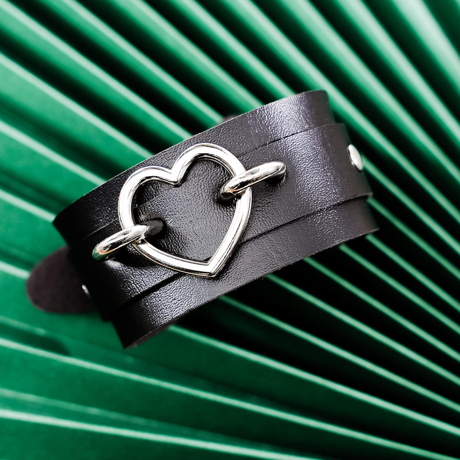 2Pack Punk Goth Bracelet for Man Women Leather Heart Metal Studded Cuff Wide Wristband Black