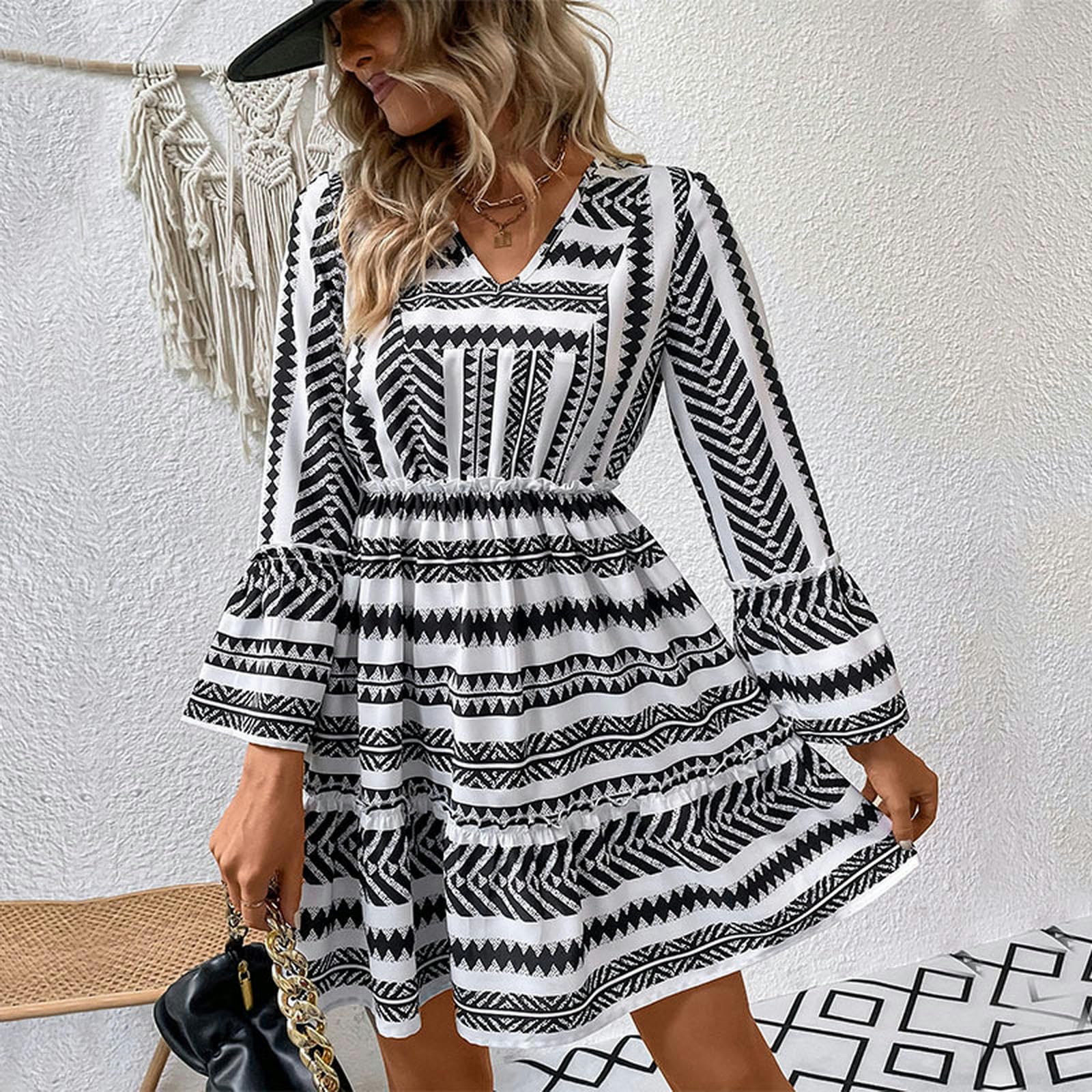 Vestido corto casual para mujer, largo, plisado, cuello en V, vestido corto, acampanado, vestido de verano YYEFNMAZ