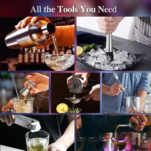 Miniatura 5 de Pejoy - Juego de coctelera de 12 piezas con soporte, juego de barra de acero inoxidable, mezclador de bebidas con coctelera de Martini, colador,