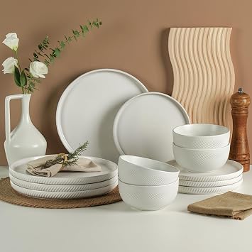 Metflavor Earthsong Dinnerware Sets for 4, 12-Piece Ceramic Plates and Bowls Set, Dishwasher and Microwave Safe Stoneware Dishes Set, Ribbed, Snowcrest White