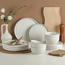 Metflavor Earthsong Dinnerware Sets for 4, 12-Piece Ceramic Plates and Bowls Set, Dishwasher and Microwave Safe Stoneware Dishes Set, Ribbed, Snowcrest White