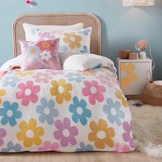 Flower Teddy Fleece Duvet Cover - Single Bedding Size (200 x 140cm) - Reversible (2 Designs) - Super Soft & Cosy Fleece Bedding for Girls - Floral Duvet Cover in Single - Kids Fleece Bed Set