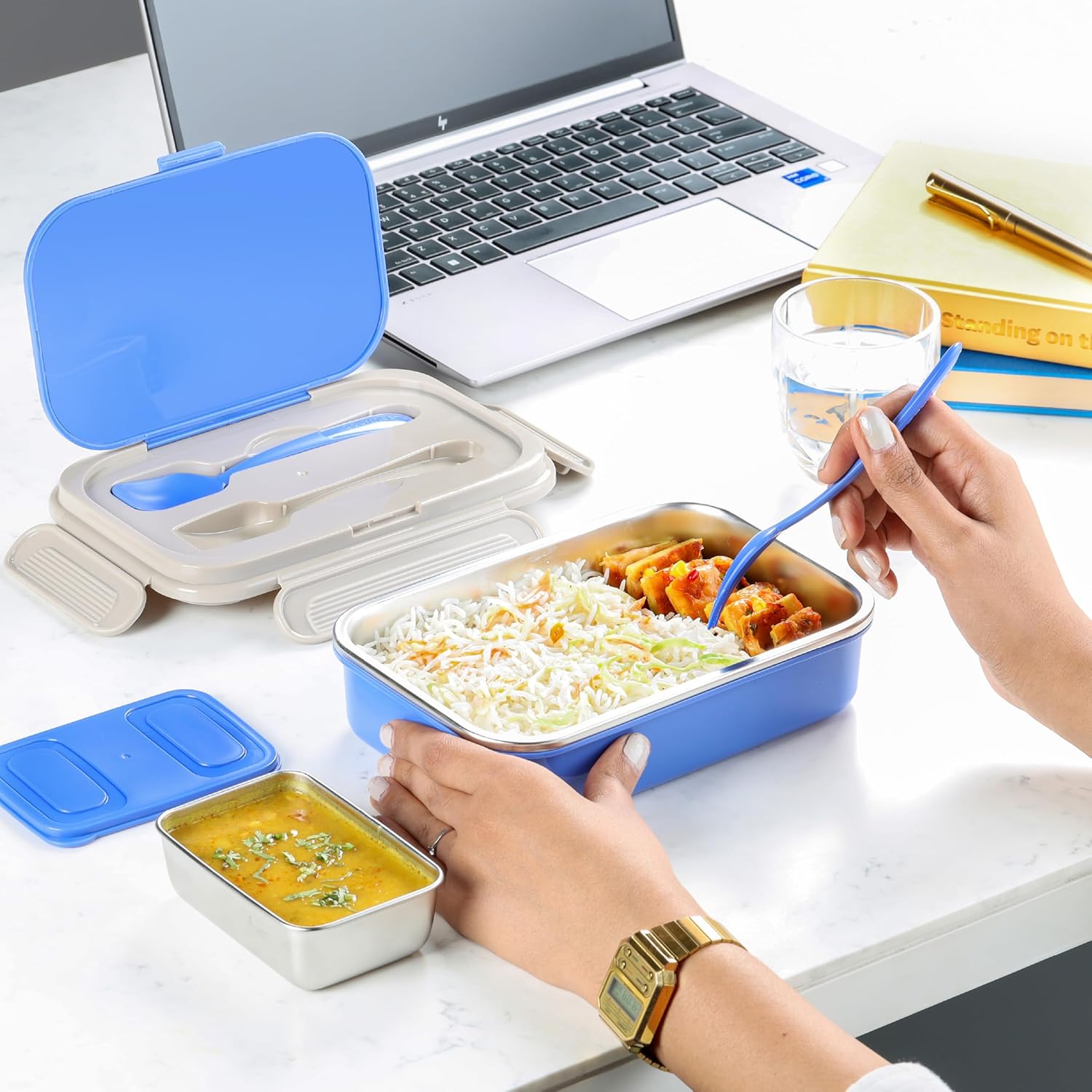CELLO Maclunch | Insulated Lunch Box | Separate Steel Container with Fork & Spoon | Unbreakable Lid with with 4 Sided Click Locks | Ideal for College,Office, Outdoor Activities | Set of 1, Blue