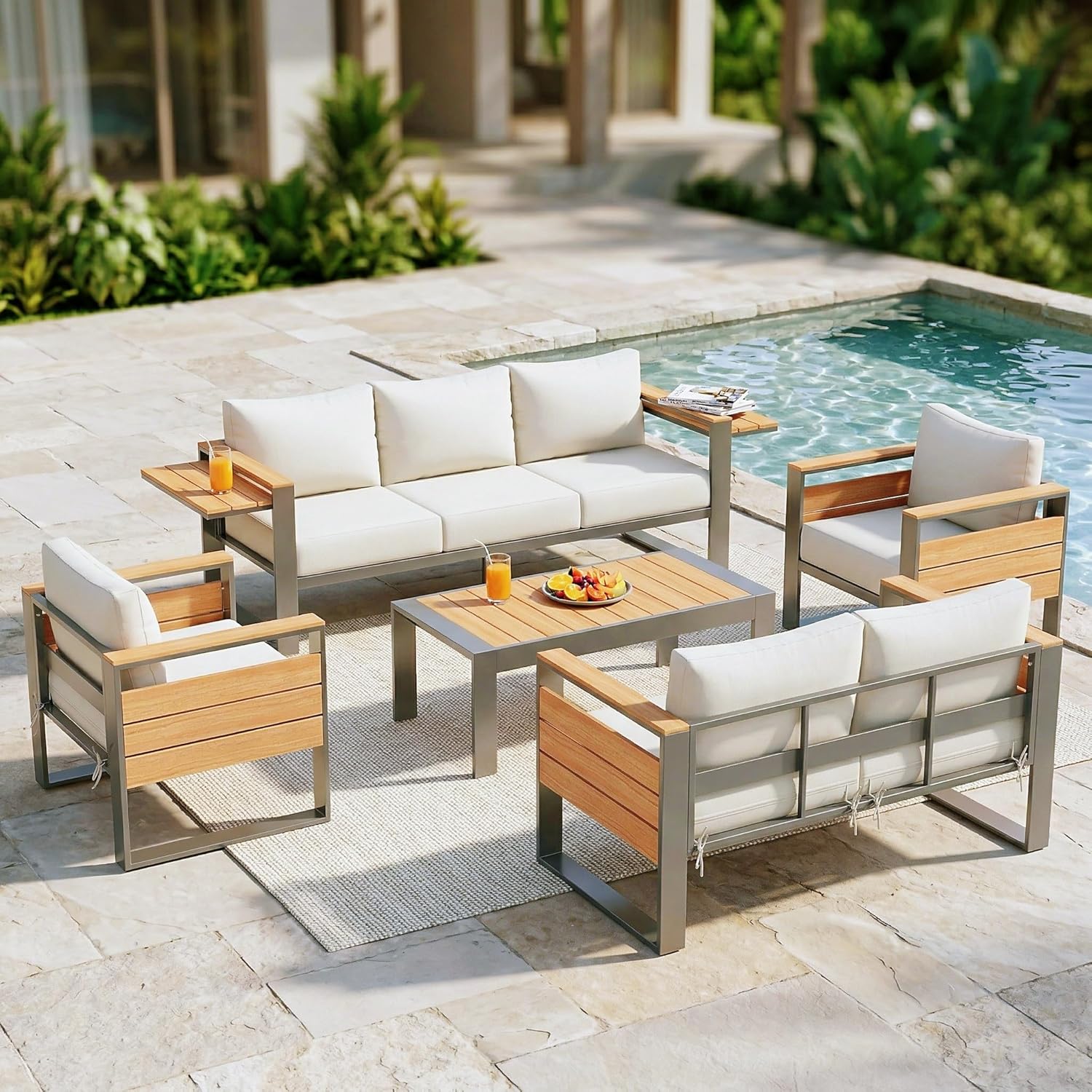 Sundale Outdoor Aluminum Patio Furniture Set, 5 Piece Metal Patio Conversation Sets with 5" Thick Cushions, Shimmer Coated Outdoor Couch with 2 Extendable Side Tables for Yard, Deck (Beige)