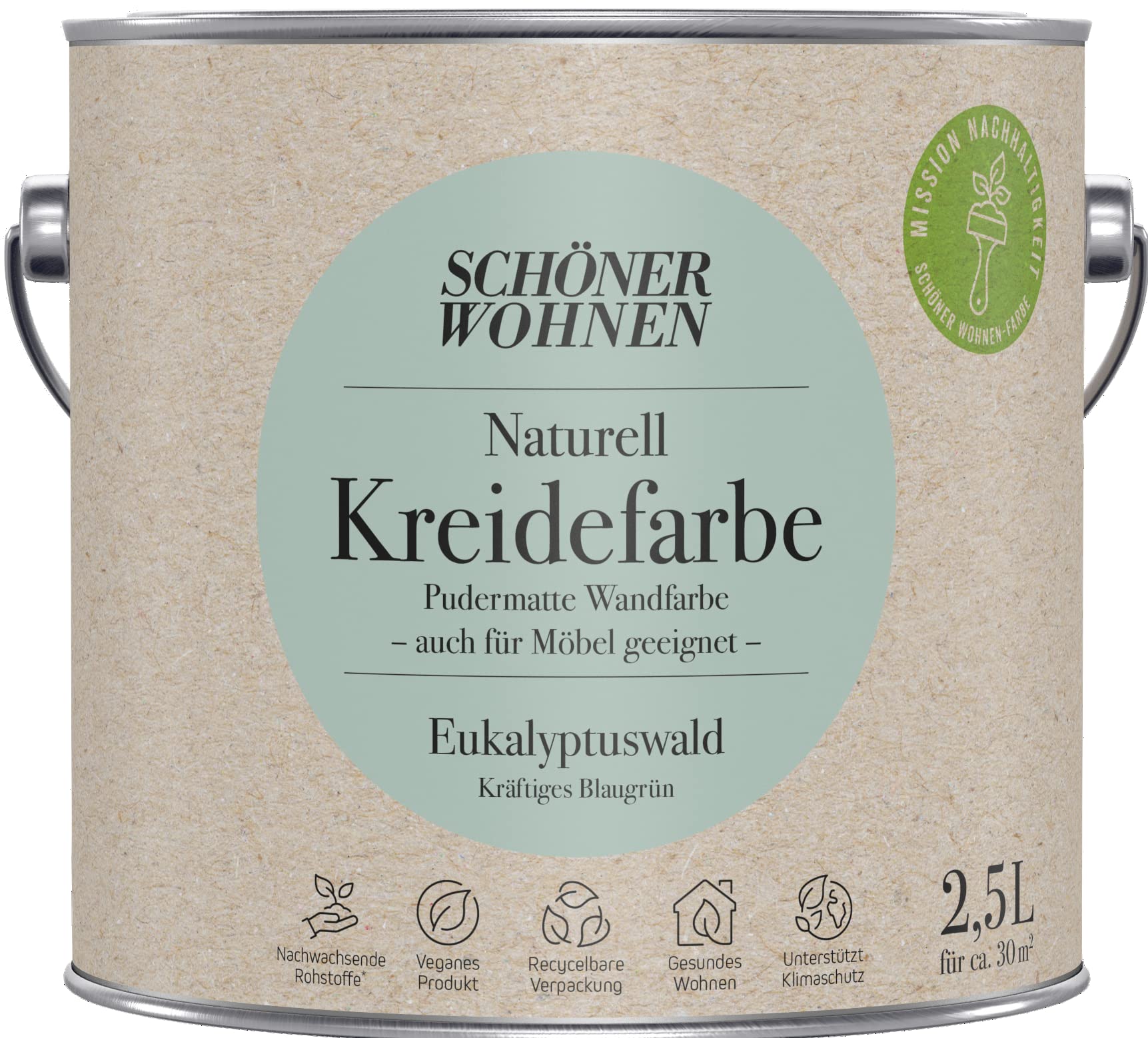 2,5L Schöner Wohnen Naturell Kreidefarbe Eukalyptuswald, Kräftiges Blaugrün