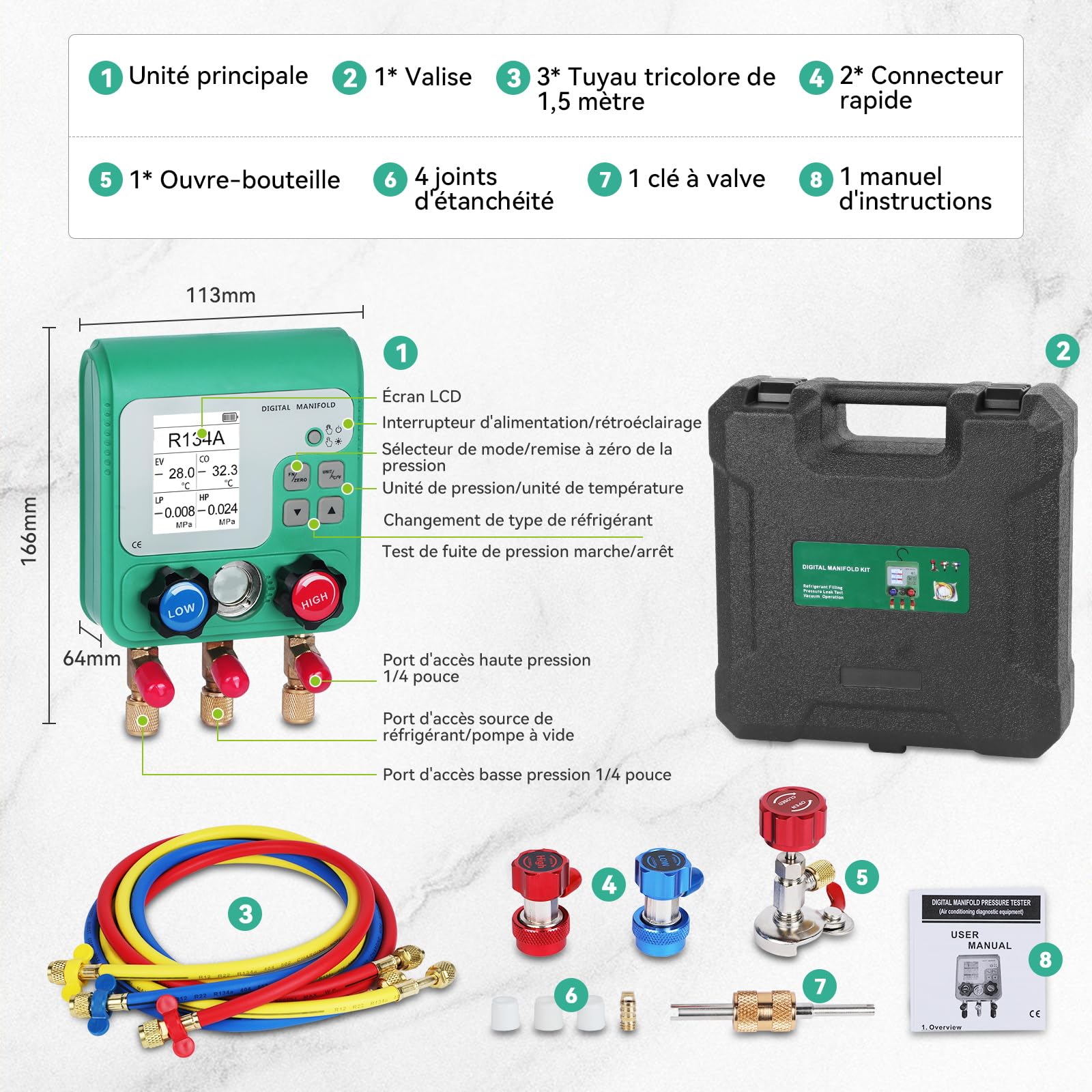 Kit Recharge Climatisation Voiture Digitale HVAC Manifold Gauge Manometer pour Charger 93 Réfrigérants R134A R410A R32