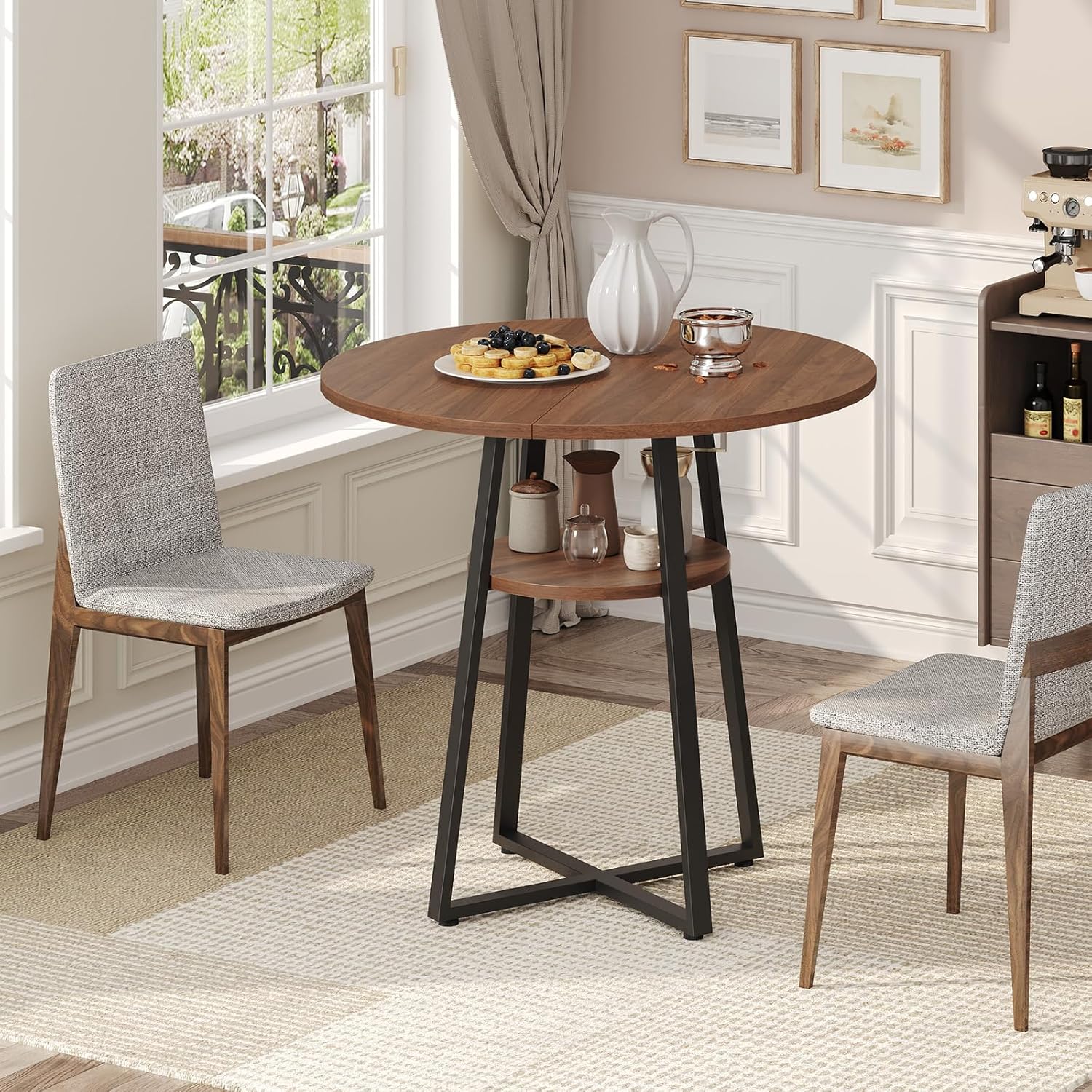 31.5" Round Dining Table for 2-4, Farmhouse Kitchen Table with Storage Shelf, Small Circle Dining Table Space Saving, for Dining Room, Kitchen, Living Room, Walnut and Black DTHZ8201