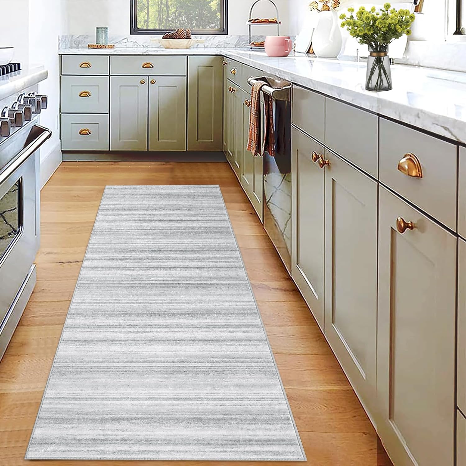 GarveeHome Kitchen Runner Rugs 2x6 Washable Long Rugs for Entryway Hallway Non Slid Bathroom Carpet Mat Low Pile Soft Bedside Carpets Modern Striped Area Rug for Laundry Room Dorm Farmhouse Grey
